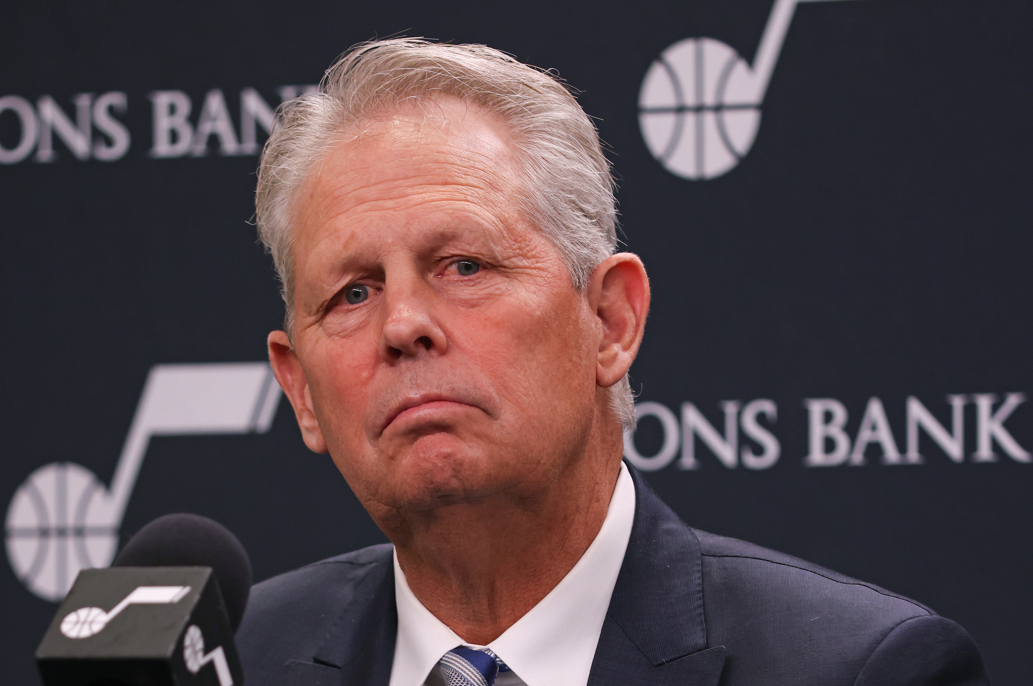 SALT LAKE CITY, UT - DECEMBER 15: Danny Ainge of the Utah Jazz speaks to the media during a press conference on December 15, 2021 at vivint.SmartHome Arena in Salt Lake City, Utah. NOTE TO USER: User expressly acknowledges and agrees that, by downloading and or using this Photograph, User is consenting to the terms and conditions of the Getty Images License Agreement. Mandatory Copyright Notice: Copyright 2021 NBAE (Photo by Melissa Majchrzak/NBAE via Getty Images)