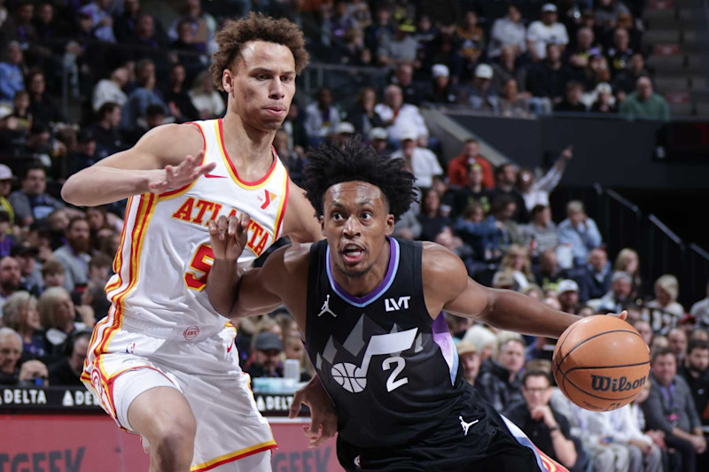 SALT LAKE CITY, UT - JANUARY 7: Collin Sexton #2 of the Utah Jazz drives to the basket during the game against the Atlanta Hawks on January 7, 2025 at Delta Center in Salt Lake City, Utah. NOTE TO USER: User expressly acknowledges and agrees that, by downloading and or using this Photograph, User is consenting to the terms and conditions of the Getty Images License Agreement. Mandatory Copyright Notice: Copyright 2025 NBAE (Photo by Melissa Majchrzak/NBAE via Getty Images)