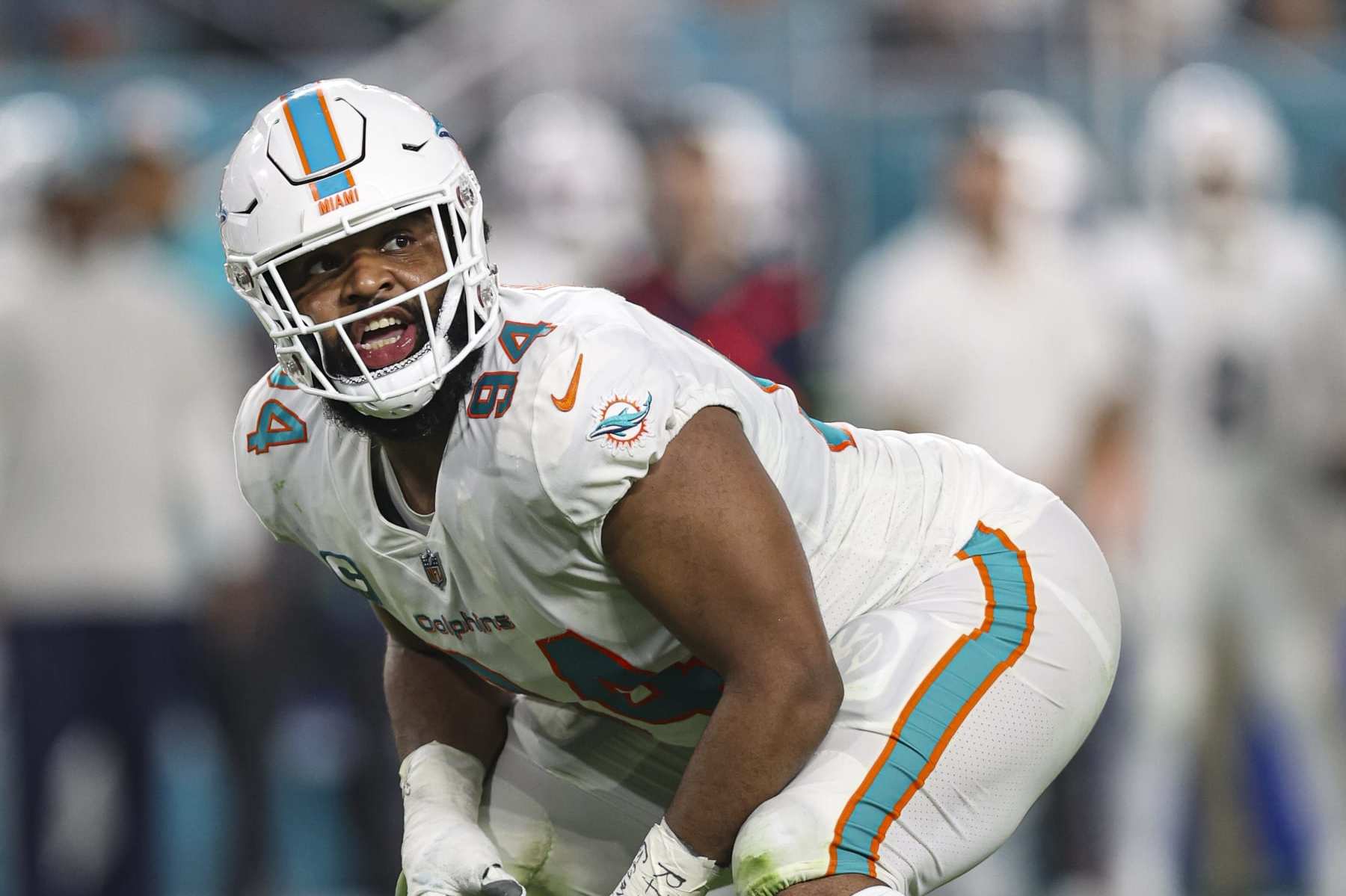 MIAMI GARDENS, FL - JANUARY 07: Christian Wilkins #94 of the Miami Dolphins lines up during an NFL football game against the Buffalo Bills at Hard Rock Stadium on January 7, 2024 in Miami Gardens, Florida. (Photo by Perry Knotts/Getty Images)