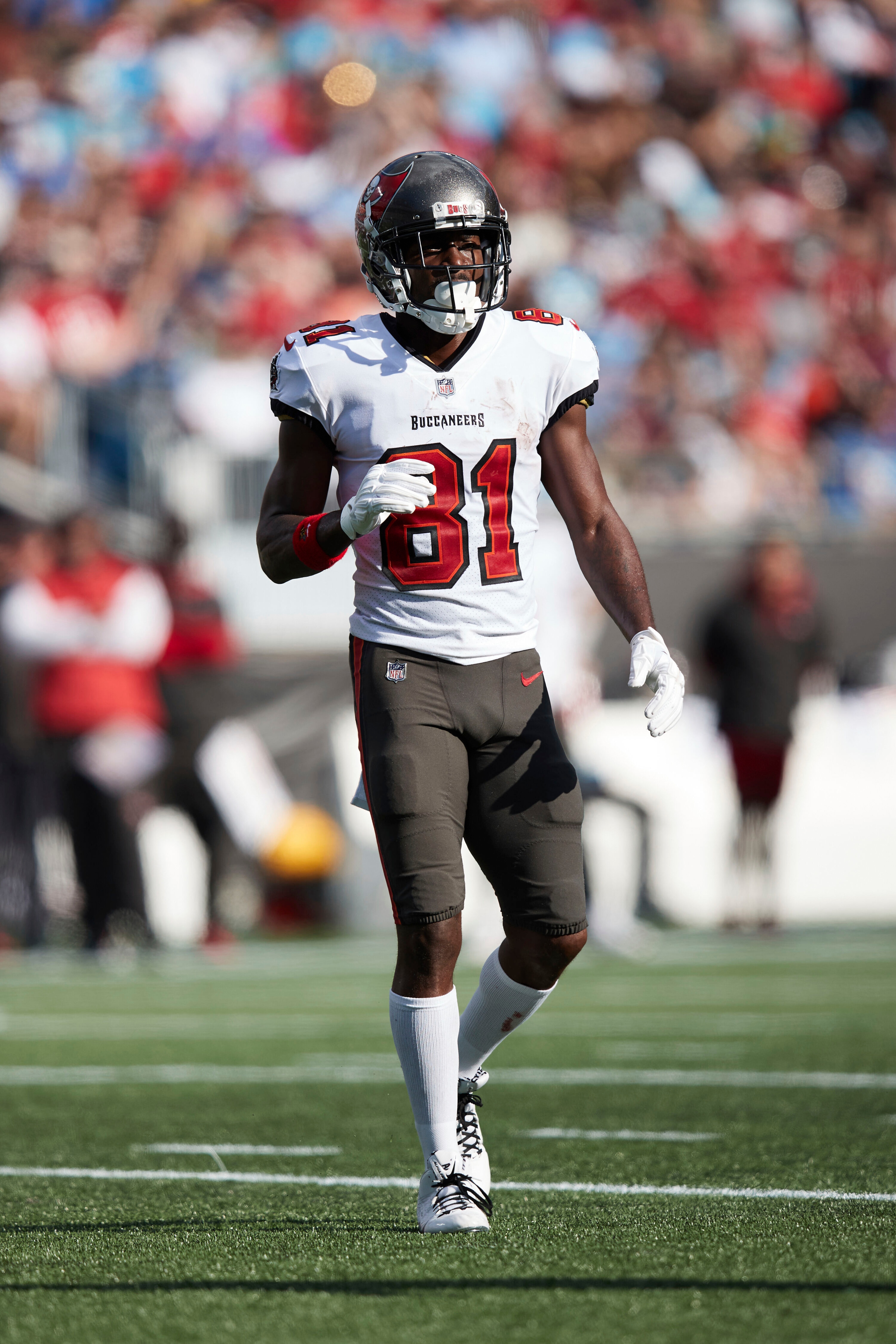 Tampa Bay Buccaneers wide receiver Antonio Brown (81) lines up on offense during an NFL football game against the Carolina Panthers, Sunday, Dec. 26, 2021, in Charlotte, N.C. (AP Photo/Brian Westerholt)