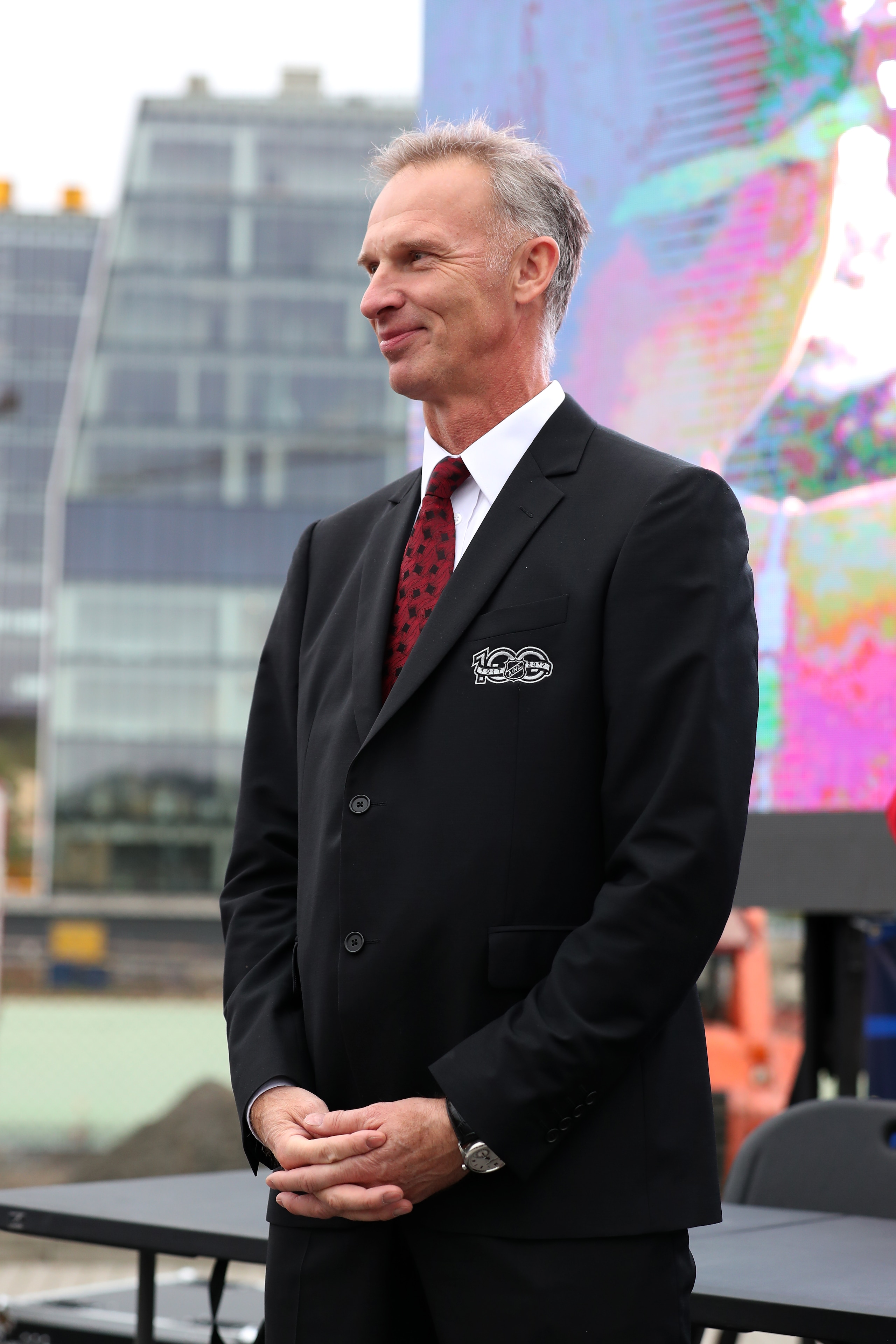 PRAGUE, CZECH REPUBLIC - OCTOBER 04:  Former NHL goaltender Dominik Hasek speaks during the Global Fan Tour, prior to the NHL Global Series Challenge 2019 match between the Chicago Blackhawks and Philadelphia Flyers at O2 Arena on October 4, 2019 in Prague, Czech Republic.  (Photo by Chase Agnello-Dean/NHLI via Getty Images)