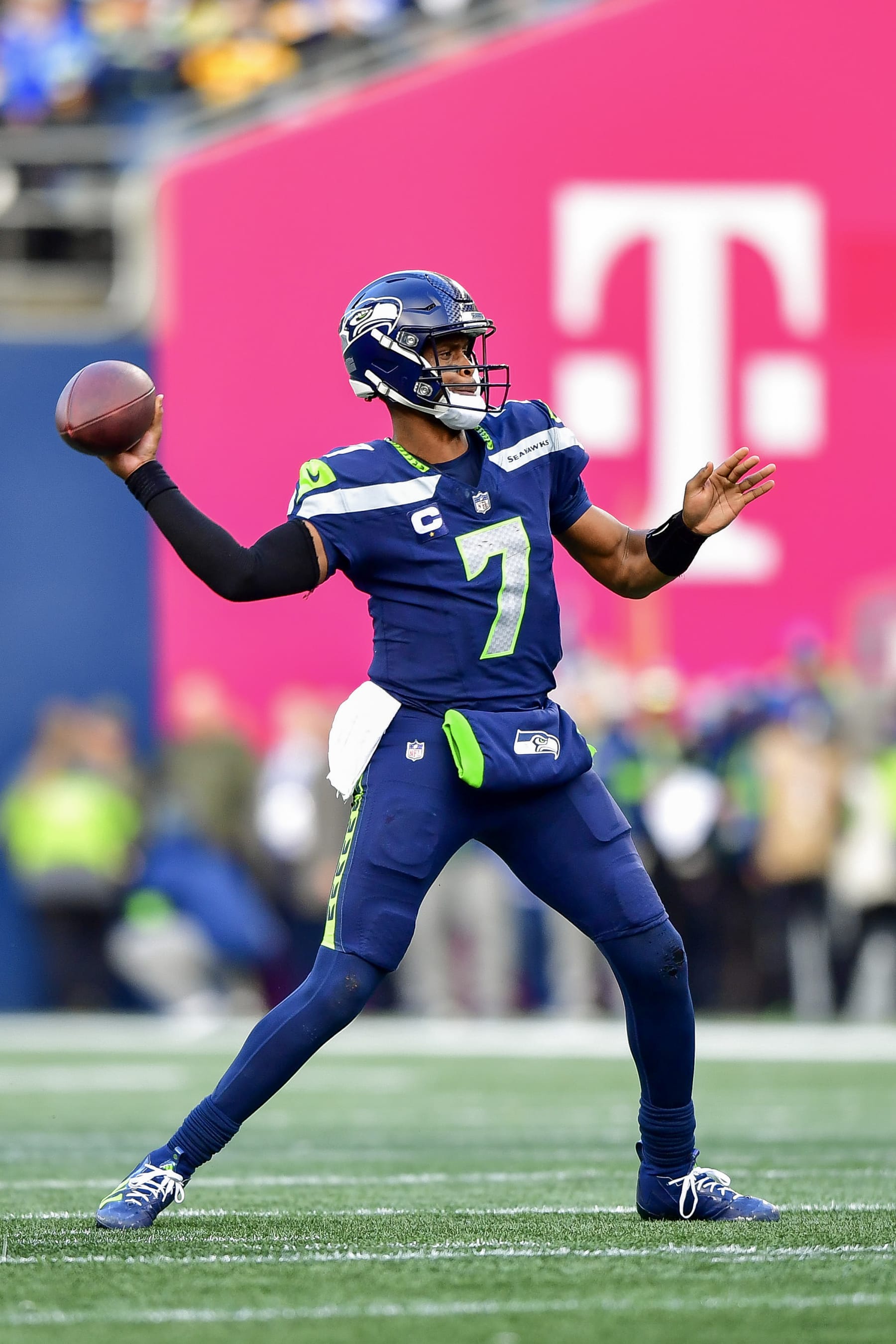 SEATTLE, WASHINGTON - DECEMBER 31: Geno Smith #7 of the Seattle Seahawks throws a pass during the third quarter of a game against the Pittsburgh Steelers at Lumen Field on December 31, 2023 in Seattle, Washington. (Photo by Jane Gershovich/Getty Images)