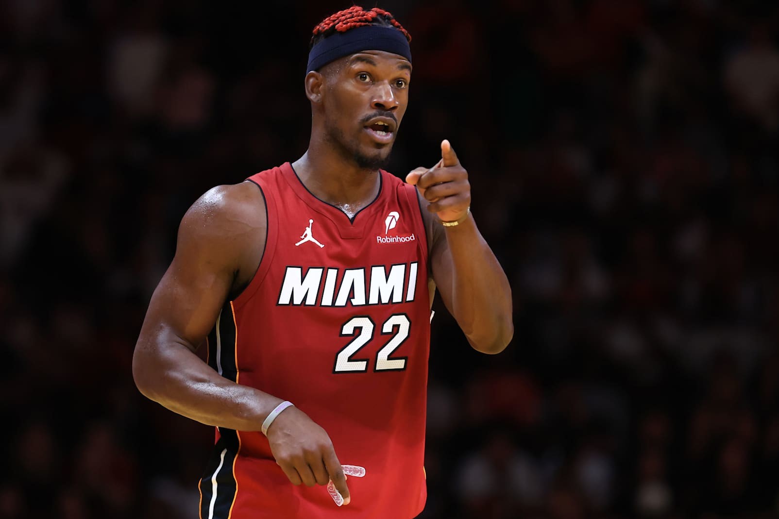MIAMI, FLORIDA - NOVEMBER 26: Jimmy Butler #22 of the Miami Heat reacts against the Milwaukee Bucks during the fourth quarter of the Emirates NBA Cup at Kaseya Center on November 26, 2024 in Miami, Florida. NOTE TO USER: User expressly acknowledges and agrees that, by downloading and or using this photograph, User is consenting to the terms and conditions of the Getty Images License Agreement. (Photo by Megan Briggs/Getty Images)