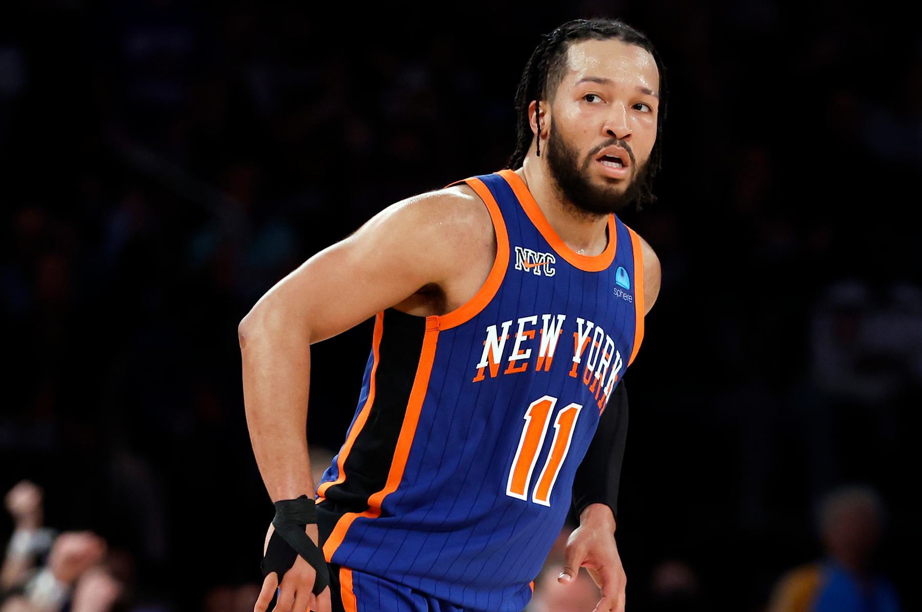 NEW YORK, NEW YORK - MAY 14: Jalen Brunson #11 of the New York Knicks looks on during Game Five of the Eastern Conference Second Round Playoffs against the Indiana Pacers at Madison Square Garden on May 14, 2024 in New York City. The Knicks won 121-91. NOTE TO USER: User expressly acknowledges and agrees that, by downloading and or using this photograph, User is consenting to the terms and conditions of the Getty Images License Agreement. (Photo by Sarah Stier/Getty Images)
