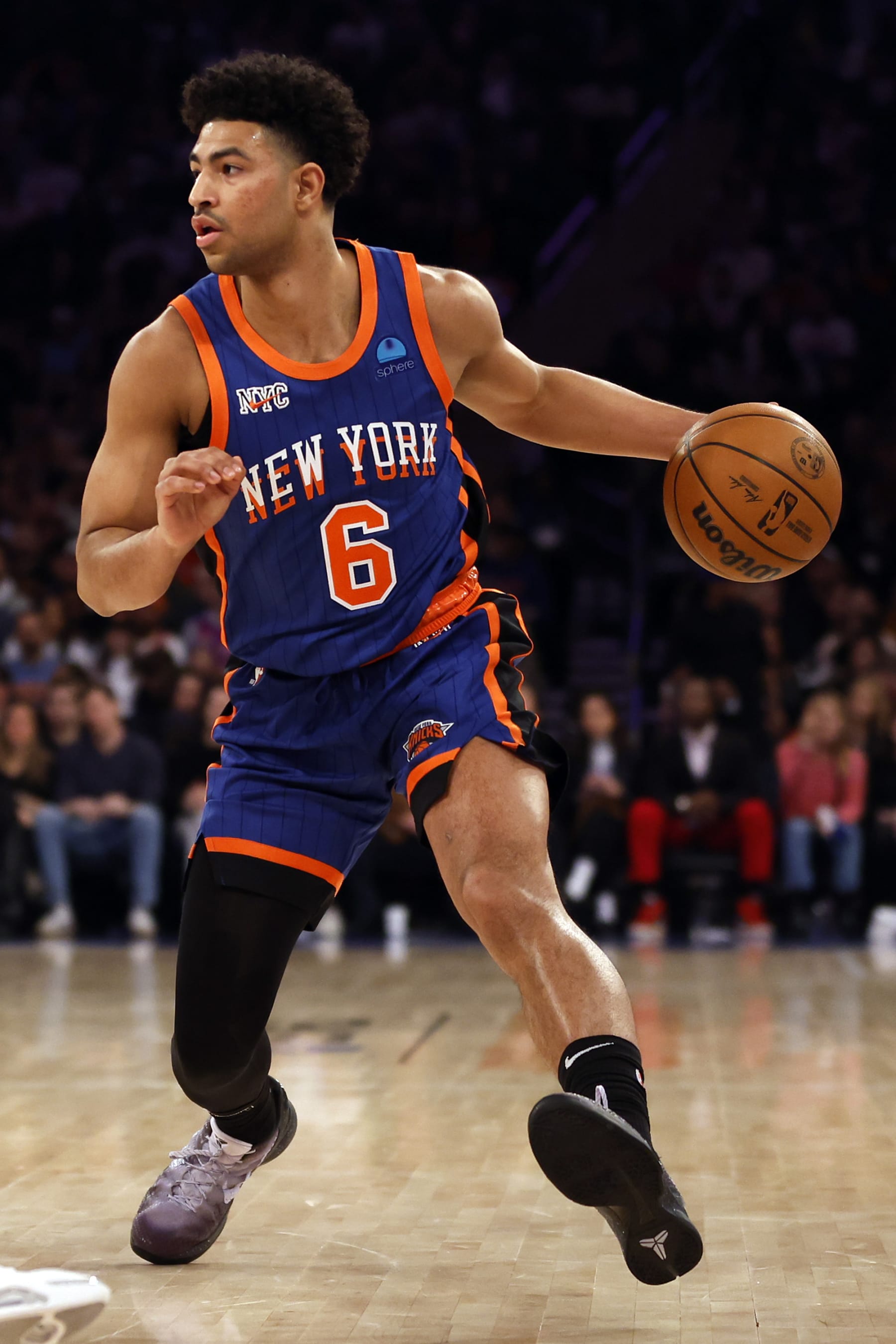 NEW YORK, NEW YORK - JANUARY 20: Quentin Grimes #6 of the Fresh York Knicks dribbles for the length of the principle half of in opposition to the Toronto Raptors at Madison Square Backyard on January 20, 2024 in Fresh York City. NOTE TO USER: Client expressly acknowledges and has the same opinion that, by downloading and/or the converse of this Photo, user is consenting to the phrases and cases of the Getty Photography License Agreement. (Photo by Sarah Stier/Getty Photography)