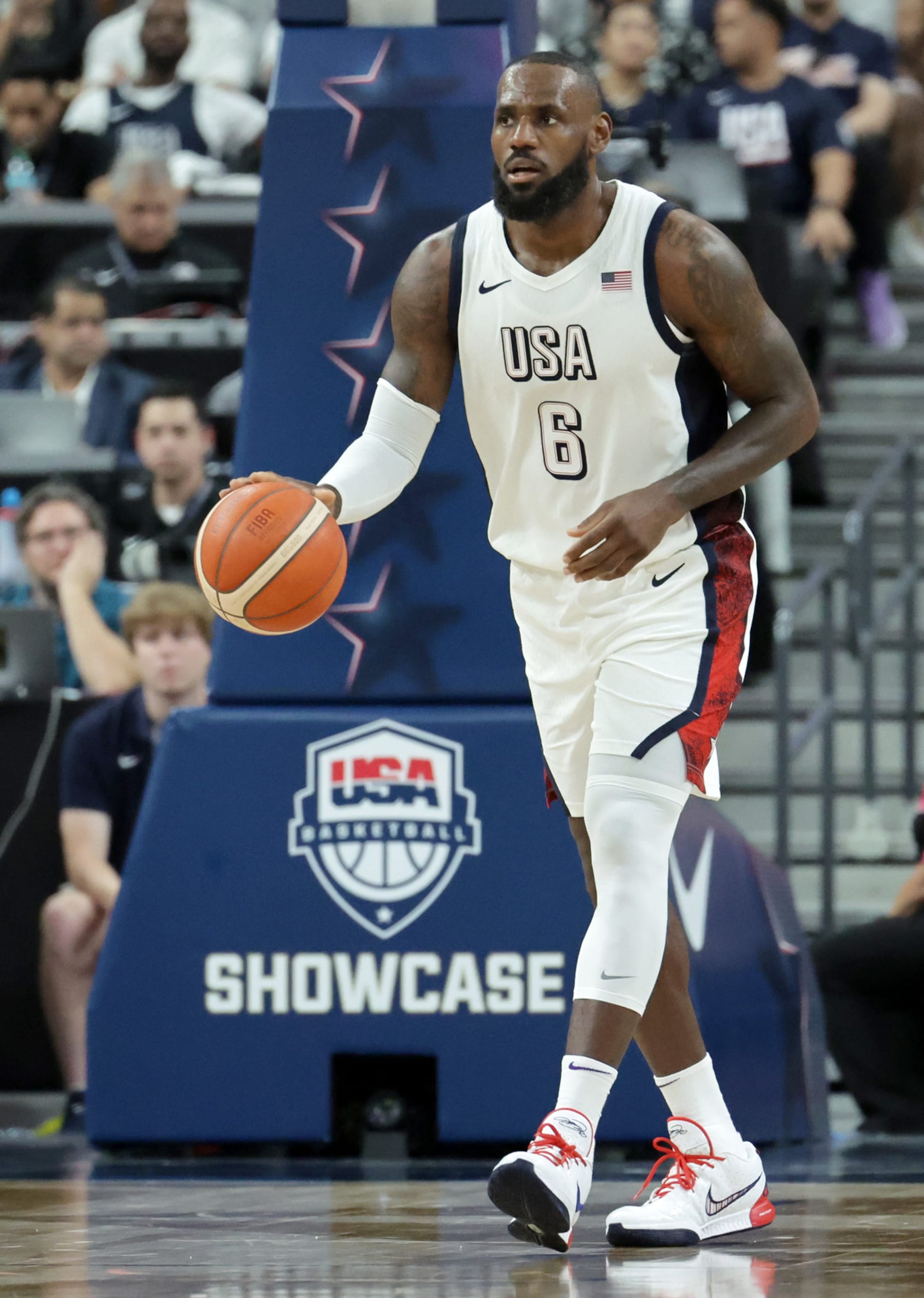 LAS VEGAS, NEVADA - JULY 10: LeBron James #6 of the United States brings the ball up the court against Canada in the second half of their exhibition game ahead of the Paris Olympic Games at T-Mobile Arena on July 10, 2024 in Las Vegas, Nevada. The United States defeated Canada 86-72. (Photo by Ethan Miller/Getty Images)