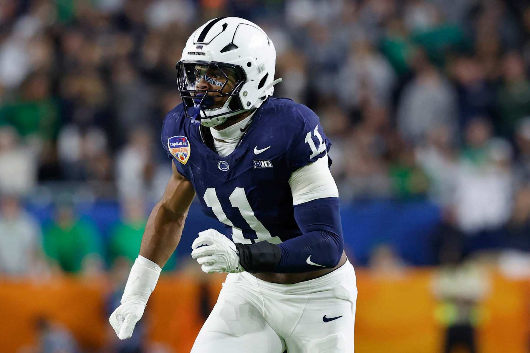 MIAMI GARDENS, FL - JANUARY 09: Edge Rusher Abdul Carter #11 of the Penn State Nittany Lions rushes on defense during the Penn State Nittany Lions versus Notre Dame Fighting Irish College Football Playoff Semifinal at the Capital One Orange Bowl on January 9, 2025, at Hard Rock Stadium in Miami Gardens, Florida. (Photo by Joe Robbins/Icon Sportswire via Getty Images)