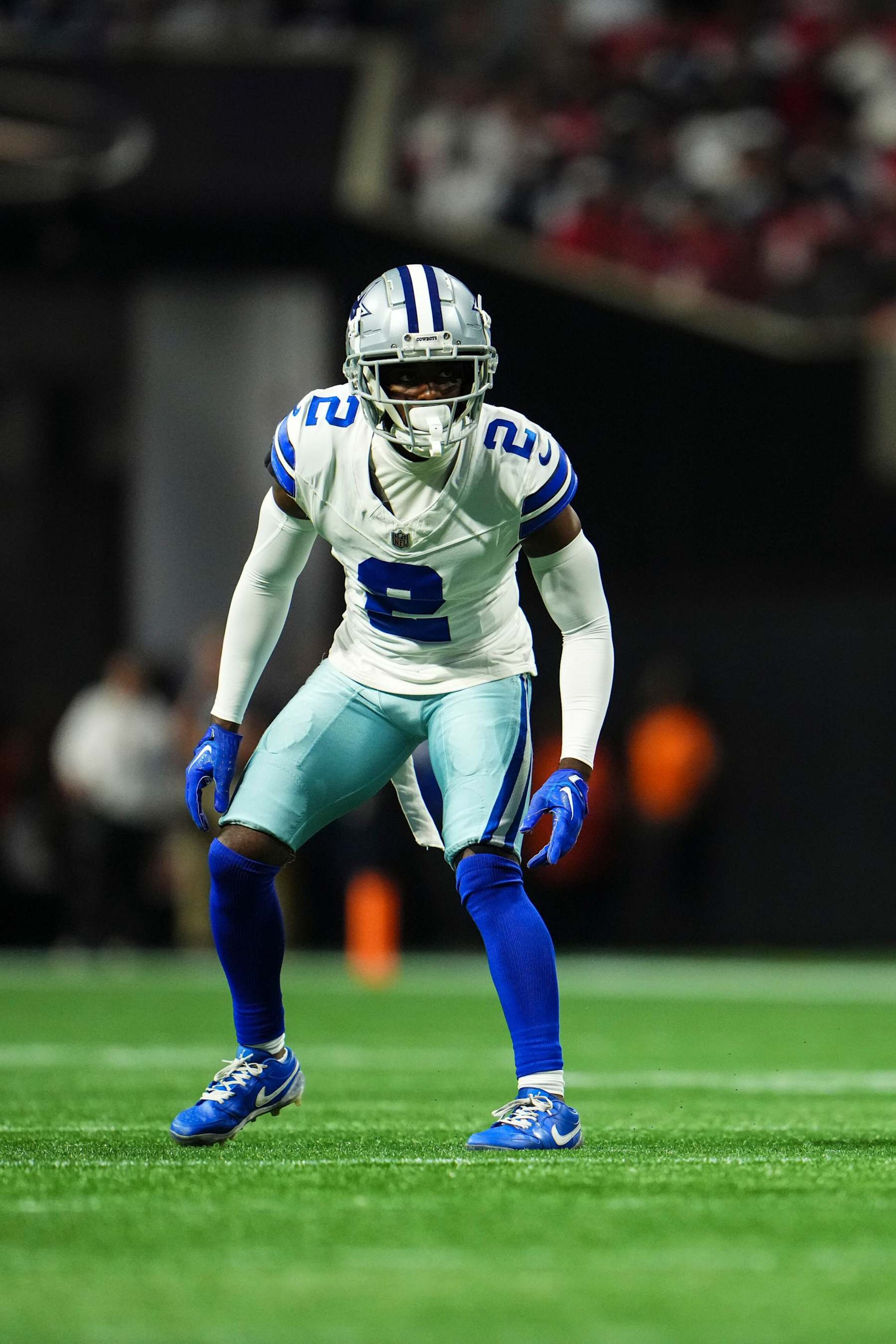 ATLANTA, GA - NOVEMBER 03: Jourdan Lewis #2 of the Dallas Cowboys defends in coverage during an NFL football game against the Atlanta Falcons at Mercedes-Benz Stadium on November 3, 2024 in Atlanta, Georgia. (Photo by Cooper Neill/Getty Images)