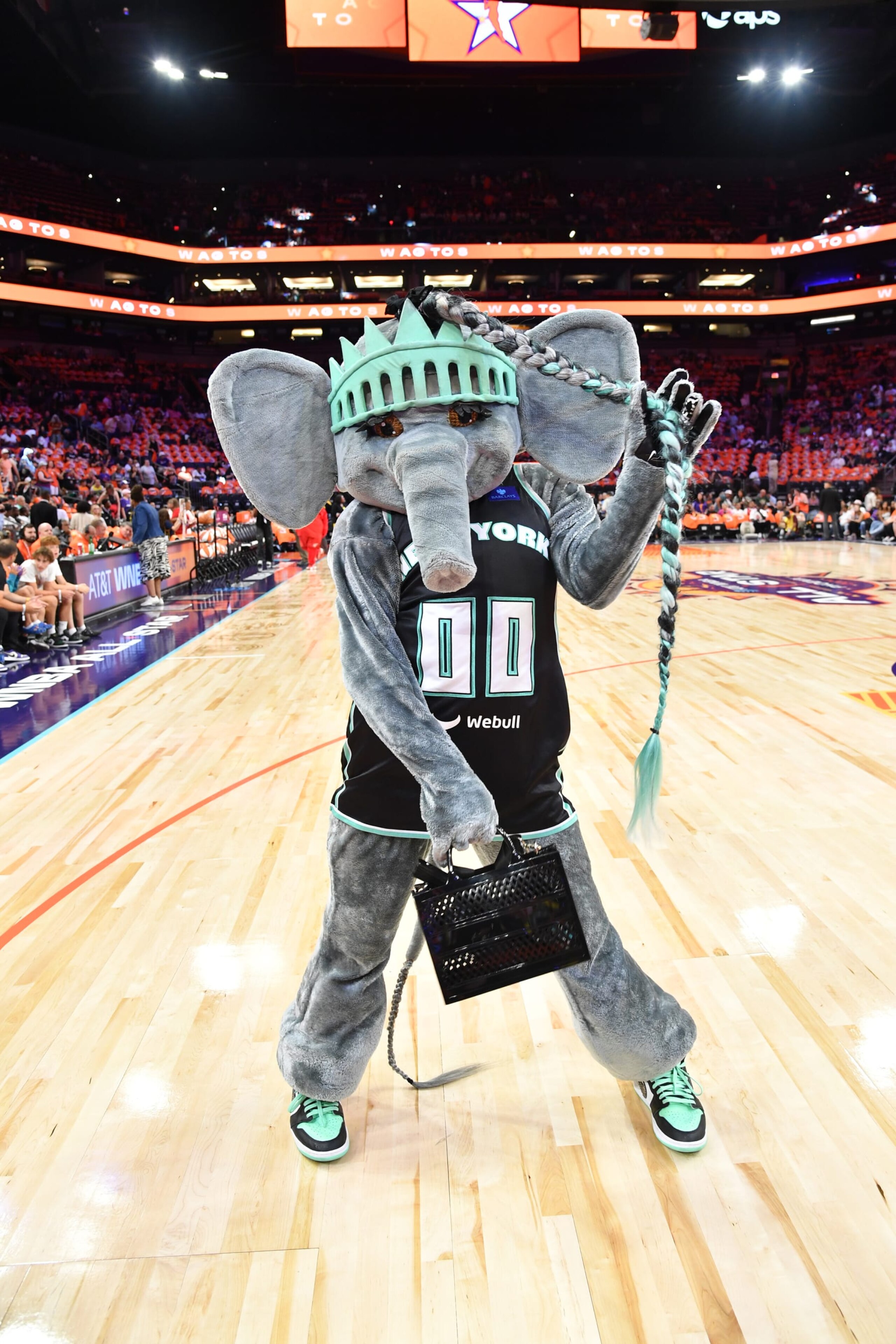 PHOENIX, AZ - JULY 20: Mascot Ellie the Elephant of the New York Liberty poses for a picture before the game against the USA Basketball Women's National Team during the 2024 WNBA All Star Game on July 20, 2024 at Footprint Center in Phoenix, Arizona. NOTE TO USER: User expressly acknowledges and agrees that, by downloading and or using this photograph, user is consenting to the terms and conditions of the Getty Images License Agreement. Mandatory Copyright Notice: Copyright 2024 NBAE (Photo by Juan Ocampo/NBAE via Getty Images)