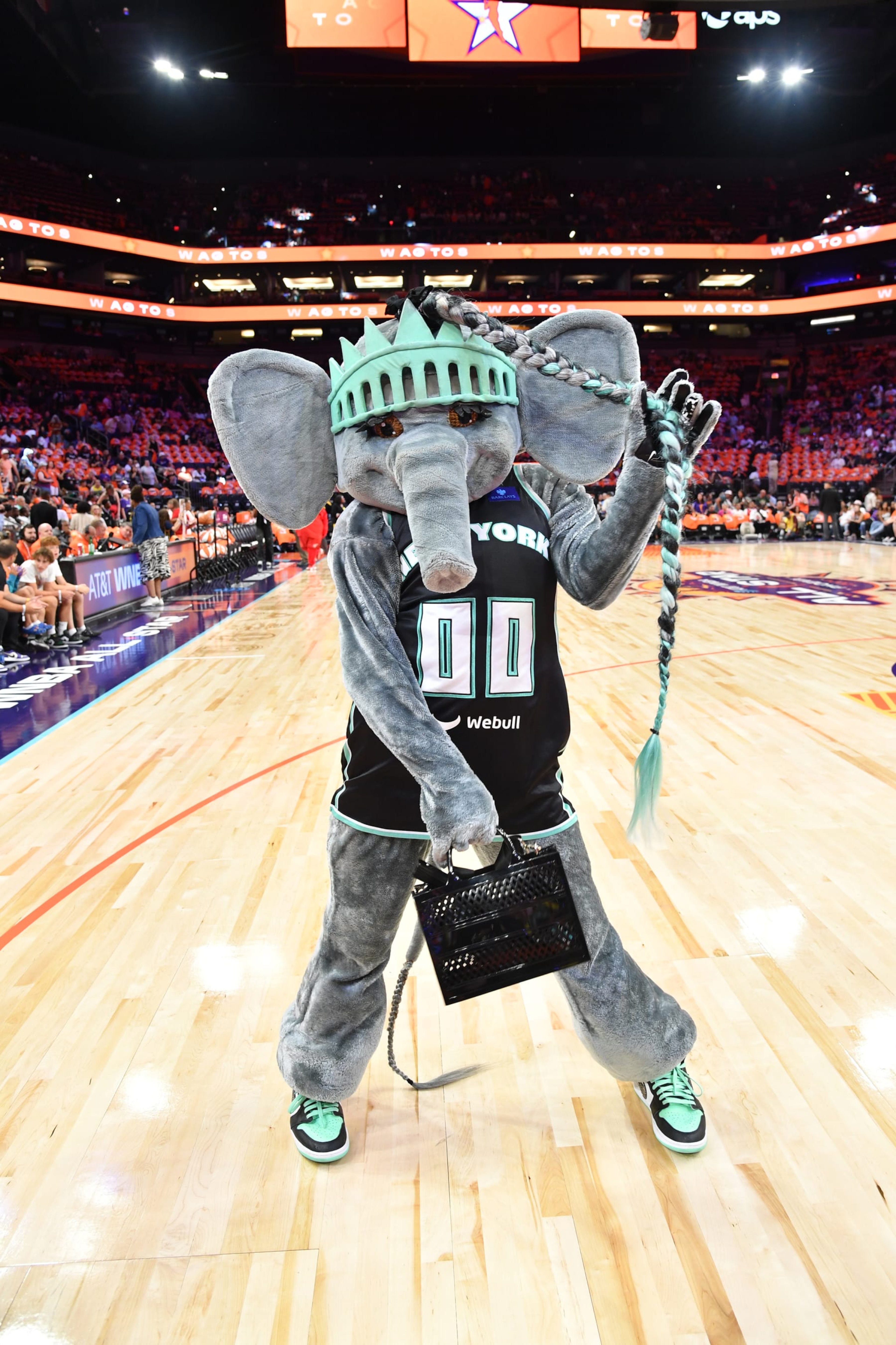 PHOENIX, AZ - JULY 20: Mascot Ellie the Elephant of the New York Liberty poses for a picture before the game against the USA Basketball Women's National Team during the 2024 WNBA All Star Game on July 20, 2024 at Footprint Center in Phoenix, Arizona. NOTE TO USER: User expressly acknowledges and agrees that, by downloading and or using this photograph, user is consenting to the terms and conditions of the Getty Images License Agreement. Mandatory Copyright Notice: Copyright 2024 NBAE (Photo by Juan Ocampo/NBAE via Getty Images)