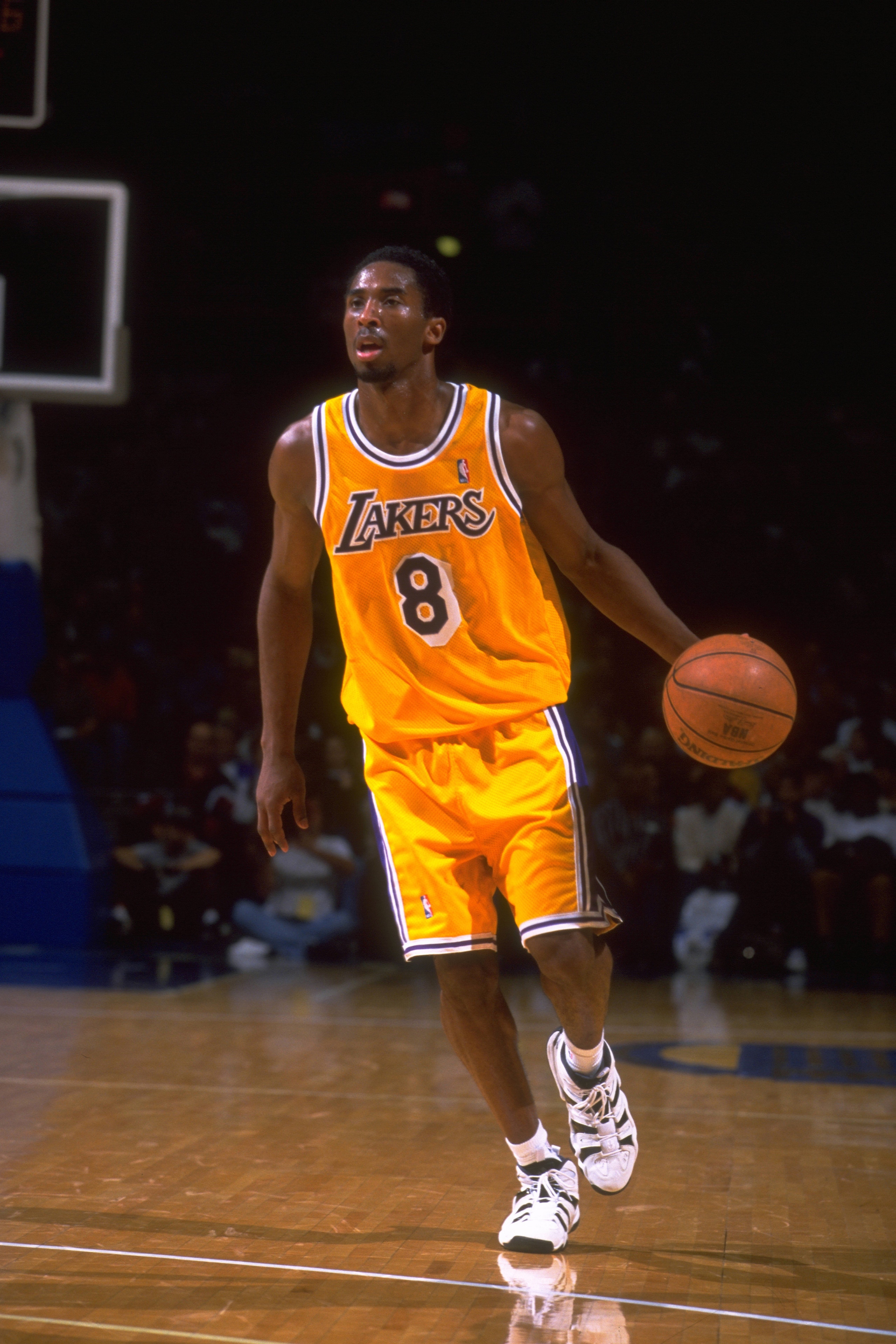 NBA Basketball -Los Angeles Lakers Kobe Bryant during an Oct. 17, 1997 exhibition game at Kiel Center in St. Louis.  (Photo by Peter Newcomb/Sporting News via Getty Images via Getty Images)