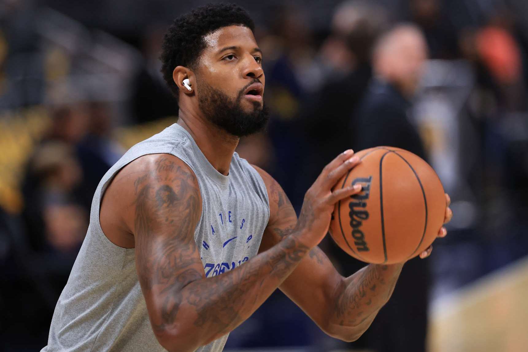 INDIANAPOLIS, INDIANA - OCTOBER 27: Paul George #8 of the Philadelphia 76ers warms up prior to the game against the Indiana Pacers at Gainbridge Fieldhouse on October 27, 2024 in Indianapolis, Indiana. NOTE TO USER: User expressly acknowledges and agrees that, by downloading and or using this photograph, User is consenting to the terms and conditions of the Getty Images License Agreement. (Photo by Justin Casterline/Getty Images)