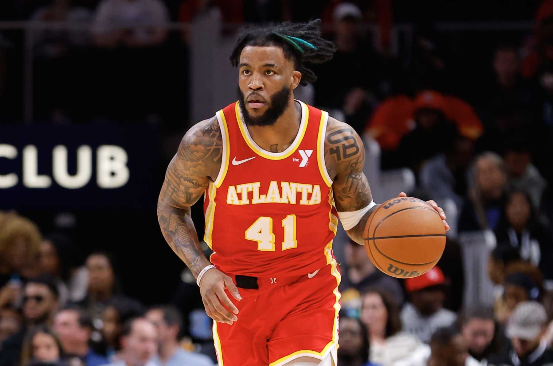 ATLANTA, GEORGIA - MARCH 10: Saddiq Bey #41 of the Atlanta Hawks drives down the court during the second quarter against the New Orleans Pelicans at State Farm Arena on March 10, 2024 in Atlanta, Georgia. NOTE TO USER: User expressly acknowledges and agrees that, by downloading and or using this photograph, User is consenting to the terms and conditions of the Getty Images License Agreement. (Photo by Todd Kirkland/Getty Images)