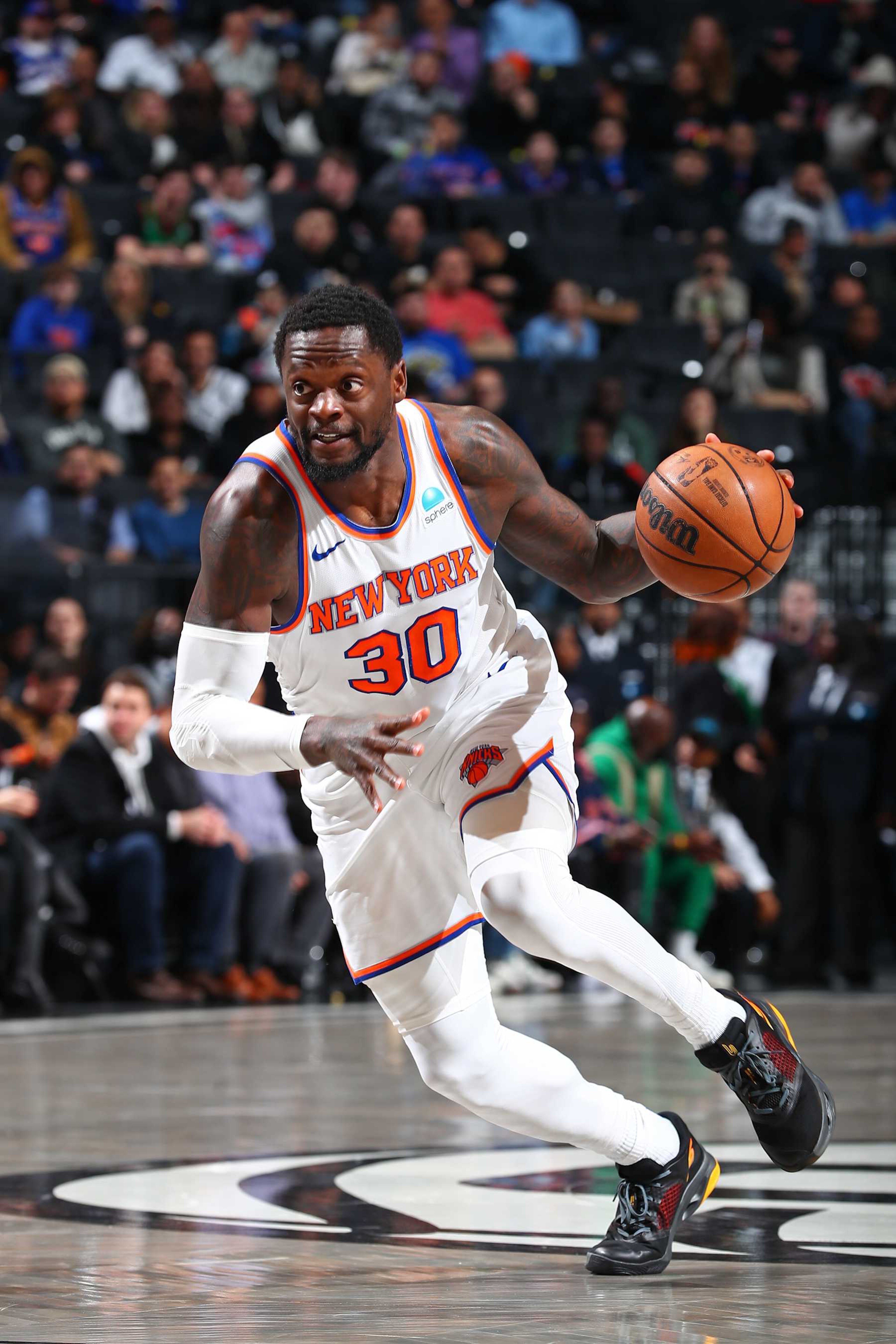 BROOKLYN, NY - JANUARY 23: Julius Randle #30 of the New York Knicks handles the ball during the game against the Brooklyn Nets on January 23, 2024 at Barclays Center in Brooklyn, New York. NOTE TO USER: User expressly acknowledges and agrees that, by downloading and or using this Photograph, user is consenting to the terms and conditions of the Getty Images License Agreement. Mandatory Copyright Notice: Copyright 2024 NBAE (Photo by David L. Nemec/NBAE via Getty Images) BROOKLYN, NY - JANUARY 23: Julius Randle #30 of the New York Knicks handles the ball during the game against the Brooklyn Nets on January 23, 2024 at Barclays Center in Brooklyn, New York. NOTE TO USER: User expressly acknowledges and agrees that, by downloading and or using this Photograph, user is consenting to the terms and conditions of the Getty Images License Agreement. Mandatory Copyright Notice: Copyright 2024 NBAE (Photo by David L. Nemec/NBAE via Getty Images)
