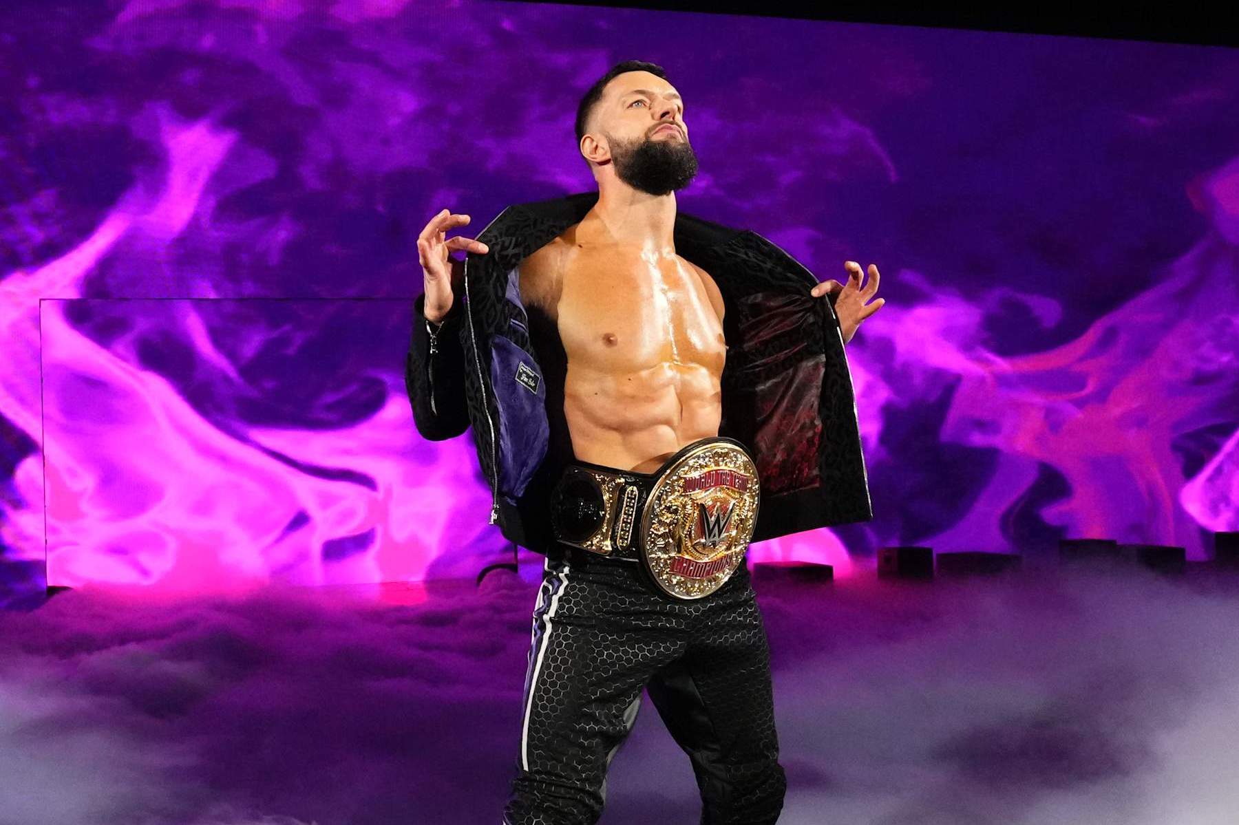 ST PAUL, MINNESOTA - JULY 29: World Tag Team Champion Finn Balor makes his entrance during WWE's Monday Night RAW at Xcel Energy Center on July 29, 2024 in St Paul, Minnesota. (Photo by WWE/Getty Images)
