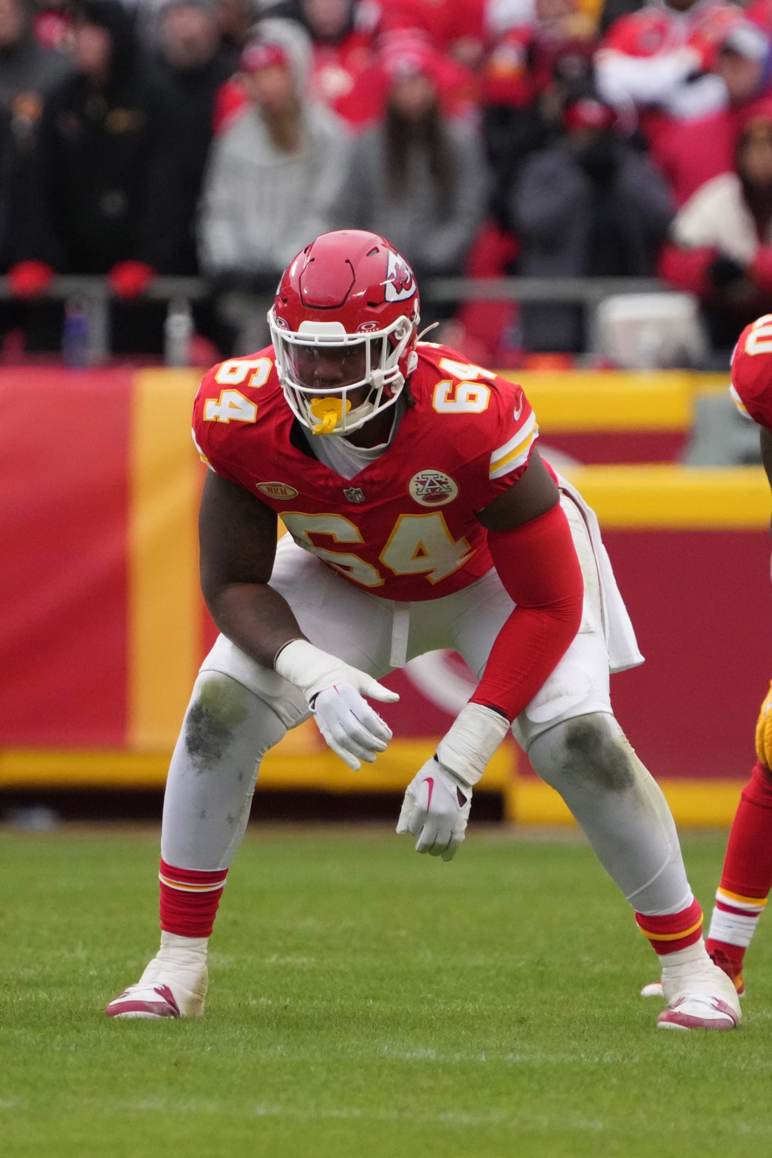 KANSAS CITY, MISSOURI - DECEMBER 25: Kansas City Chiefs offensive tackle Wanya Morris (64) during an NFL football game against the Las Vegas Raiders on December 25, 2023 in Kansas City, Missouri.. The Raiders defeated the Chiefs 20-14.  (Photo by Kirby Lee/Getty Images)