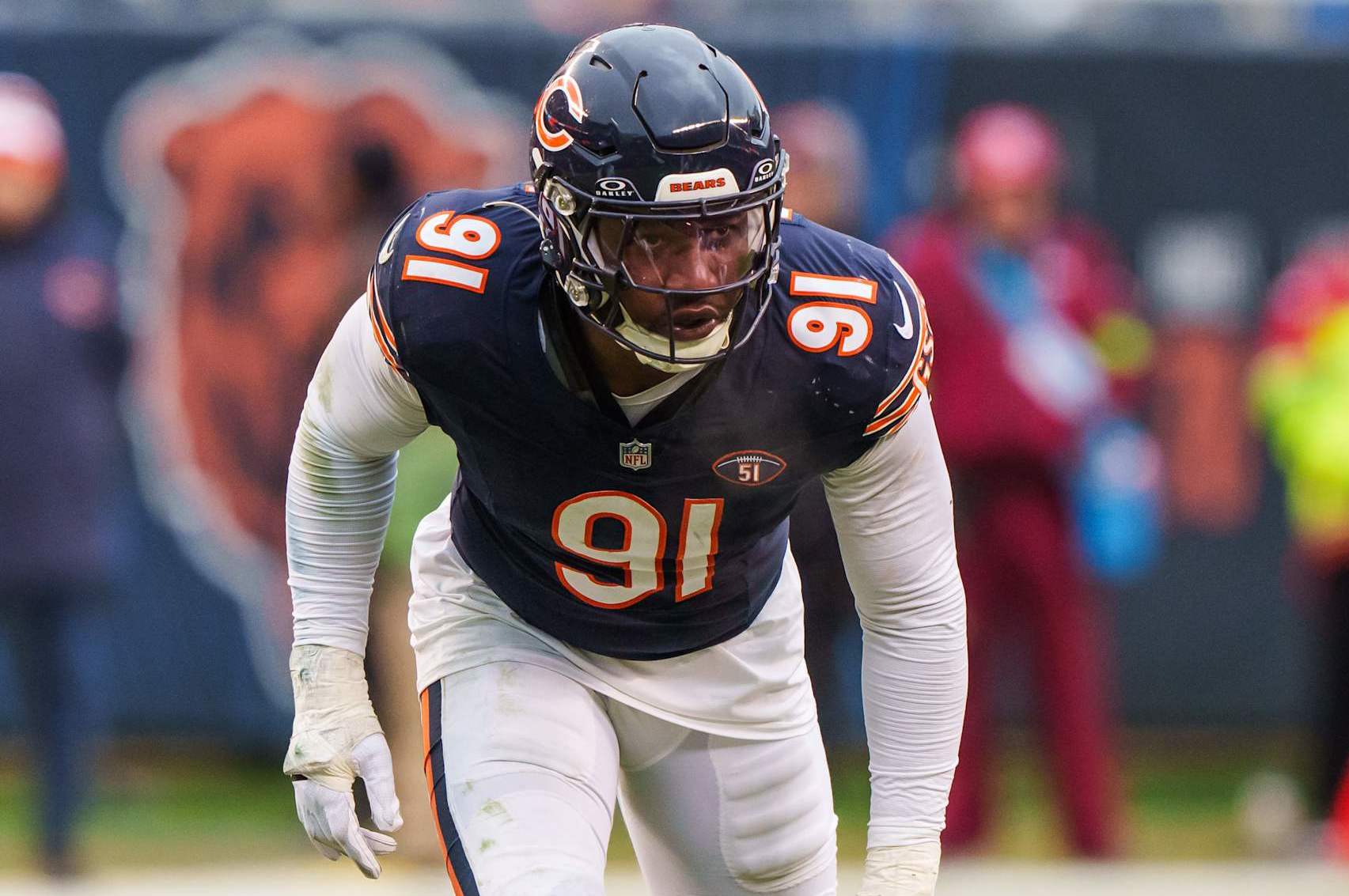 CHICAGO, IL - DECEMBER 10:  Defensive end Yannick Ngakoue #91 of the Chicago Bears sets up for the snap during an NFL football game against the Detroit Lions at Soldier Field on December 10, 2023 in Chicago, Illinois. The Bears beat the Lions 28-13. (Photo by Todd Rosenberg/Getty Images)