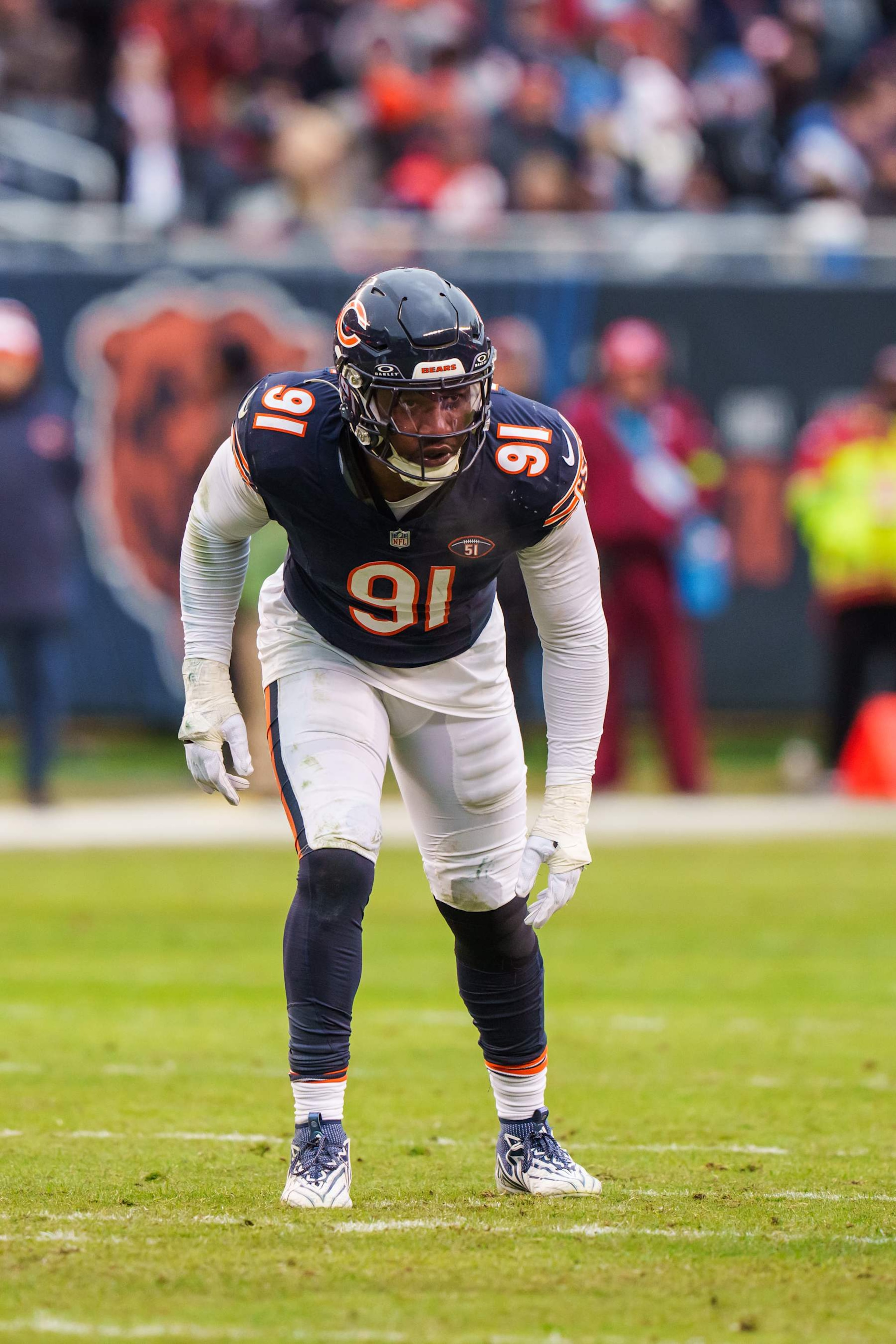 CHICAGO, IL - DECEMBER 10:  Defensive end Yannick Ngakoue #91 of the Chicago Bears sets up for the snap during an NFL football game against the Detroit Lions at Soldier Field on December 10, 2023 in Chicago, Illinois. The Bears beat the Lions 28-13. (Photo by Todd Rosenberg/Getty Images)