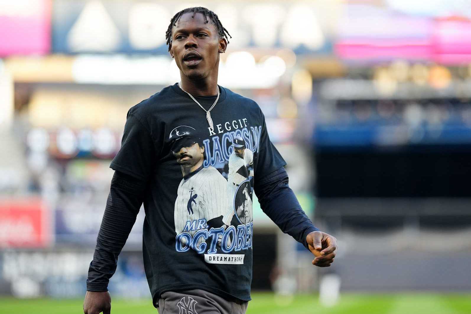 NEW YORK, NY - OCTOBER 28: Jazz Chisholm Jr. #13 of the New York Yankees looks on prior to Game 3 of the 2024 World Series presented by Capital One between the Los Angeles Dodgers and the New York Yankees at Yankee Stadium on Monday, October 28, 2024 in New York, New York. (Photo by Daniel Shirey/MLB Photos via Getty Images)