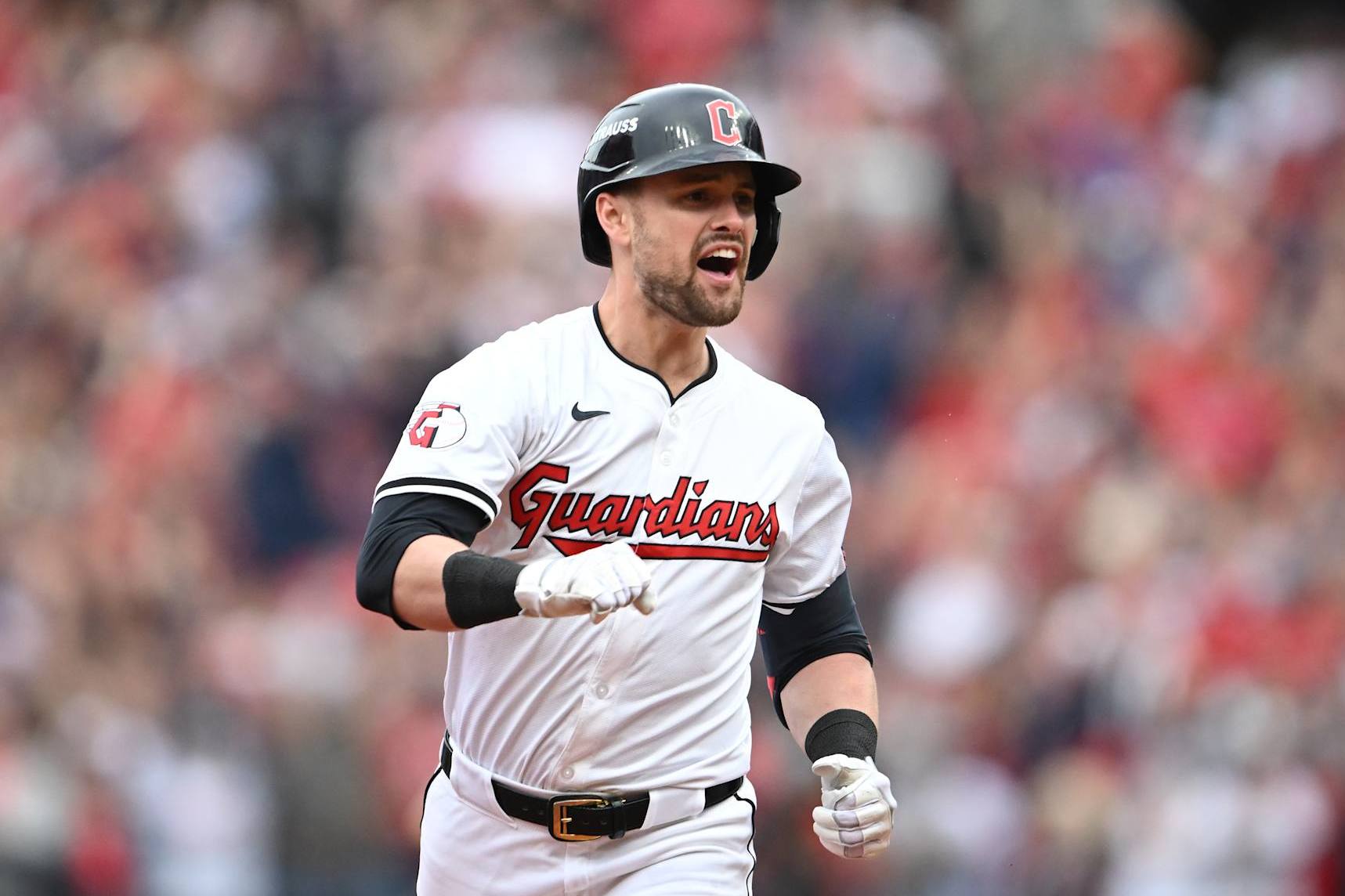 CLEVELAND, OHIO - OCTOBER 12: Lane Thomas #8 of the Cleveland Guardians celebrates a grand slam during the fifth inning against the Detroit Tigers during Game Five of the Division Series at Progressive Field on October 12, 2024 in Cleveland, Ohio. (Photo by Nick Cammett/Getty Images)