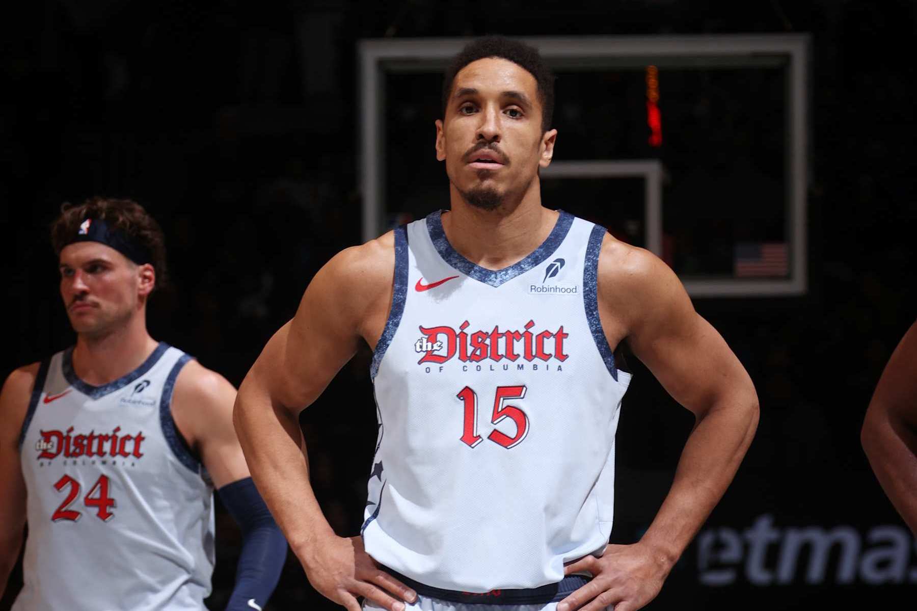 BROOKLYN, NY - FEBRUARY 5: Malcolm Brogdon #15 of the Washington Wizards looks on during the game against the Brooklyn Nets on February 5, 2025 at Barclays Center in Brooklyn, New York. NOTE TO USER: User expressly acknowledges and agrees that, by downloading and or using this Photograph, user is consenting to the terms and conditions of the Getty Images License Agreement. Mandatory Copyright Notice: Copyright 2025 NBAE (Photo by Nathaniel S. Butler/NBAE via Getty Images)