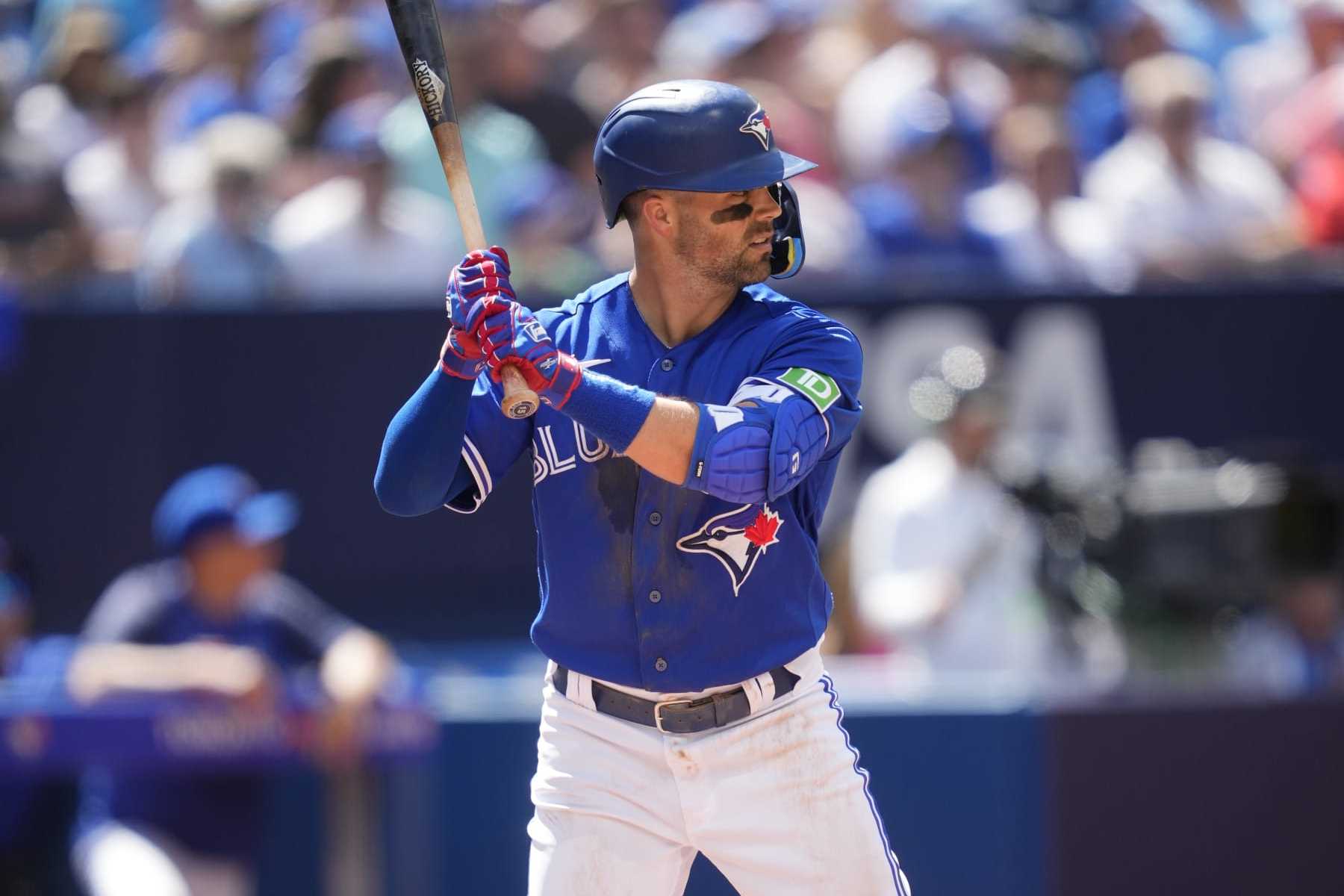 TORONTO, ON - AUGUST 13: Whit Merrifield #15 of Toronto Blue Jays takes an at bat against the Chicago Cubs during the fourth inning in their MLB game at the Rogers Centre on August 13, 2023 in Toronto, Ontario, Canada. (Photo by Mark Blinch/Getty Images)