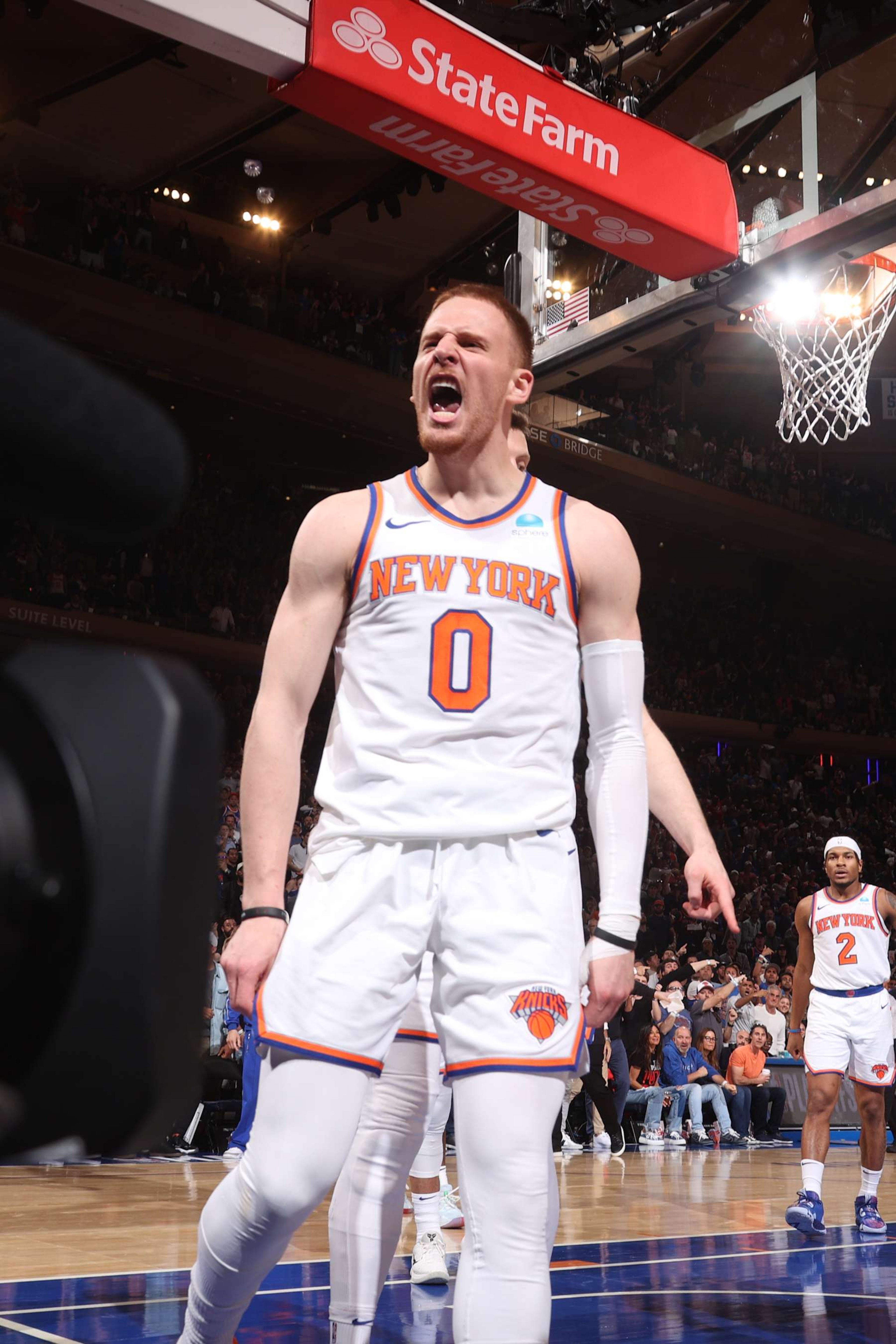NEW YORK, NY - MAY 19: Donte Divincenzo #0 of the New York Knicks celebrates during the game  against the Indiana Pacers during Round 2 Game 7 of the 2024 NBA Playoffs on May 19, 2024 at Madison Square Garden in New York City, New York.  NOTE TO USER: User expressly acknowledges and agrees that, by downloading and or using this photograph, User is consenting to the terms and conditions of the Getty Images License Agreement. Mandatory Copyright Notice: Copyright 2024 NBAE  (Photo by Nathaniel S. Butler/NBAE via Getty Images)