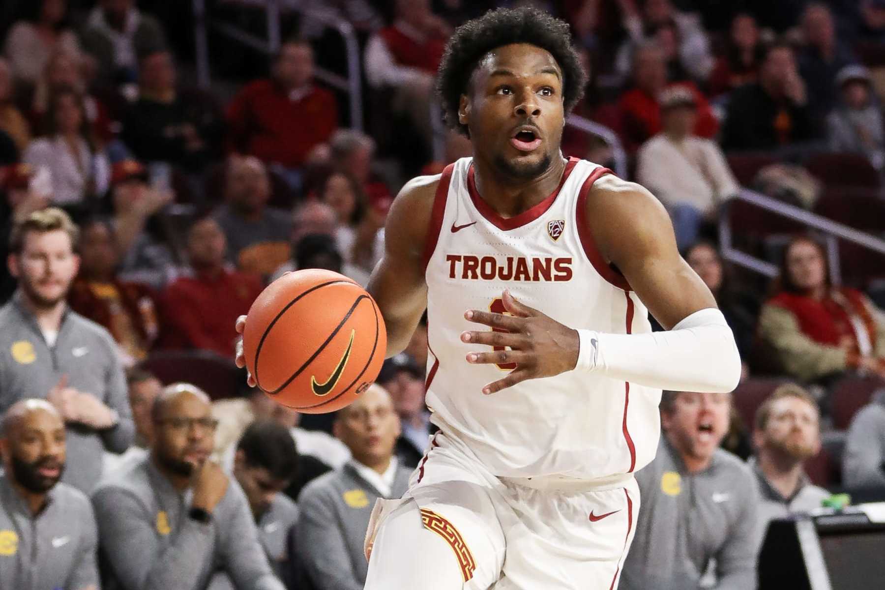 LOS ANGELES, CALIFORNIA - JANUARY 03: Bronny James #6 of the USC Trojans looks to shoot in the first half against the California Golden Bears at Galen Center on January 03, 2024 in Los Angeles, California. (Photo by Meg Oliphant/Getty Images)