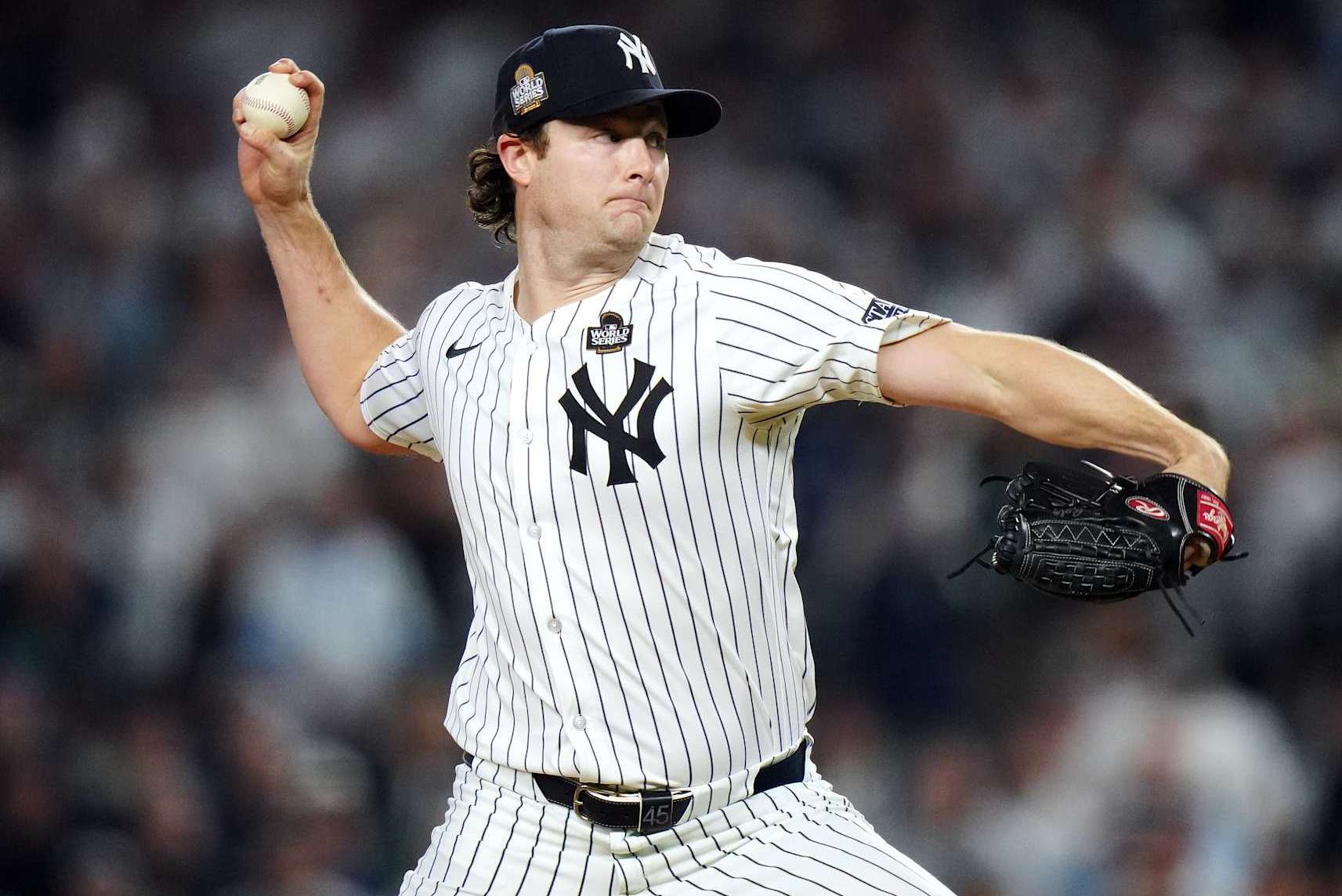 NEW YORK, NY - OCTOBER 30: Gerrit Cole #45 of the New York Yankees pitches in the second inning during Game 5 of the 2024 World Series presented by Capital One between the Los Angeles Dodgers and the New York Yankees at Yankee Stadium on Wednesday, October 30, 2024 in New York, New York. (Photo by Daniel Shirey/MLB Photos via Getty Images)