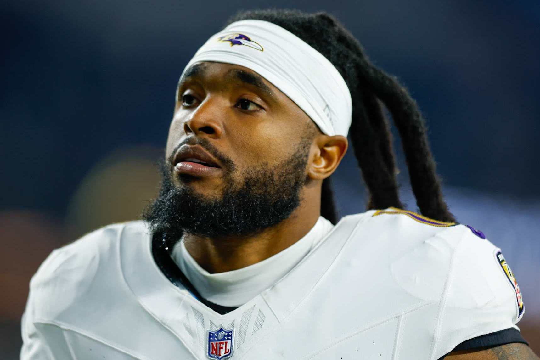 INGLEWOOD, CA - NOVEMBER 25: Baltimore Ravens wide receiver Diontae Johnson (18) leaves the football field after the NFL game between the Baltimore Ravens and the Los Angeles Chargers on November 25, 2024, at SoFi Stadium in Inglewood, CA. (Photo by Jordon Kelly/Icon Sportswire via Getty Images)