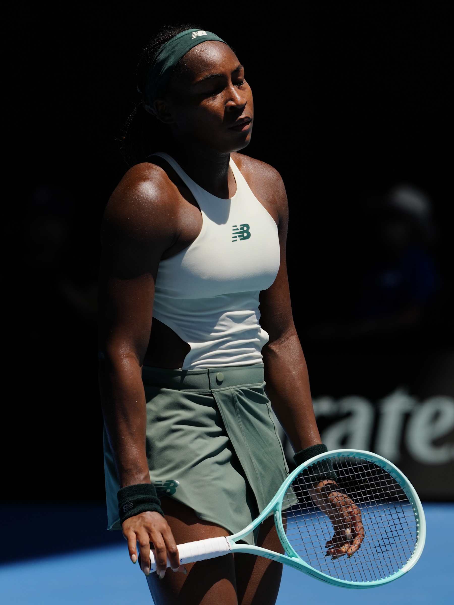 MELBOURNE, AUSTRALIA - JANUARY 21: Coco Gauff of the United States in action during in the Women's Singles Quarterfinal match against Paula Badosa of Spain during day 10 of the 2025 Australian Open at Melbourne Park on January 21, 2025 in Melbourne, Australia. (Photo by Fred Lee/Getty Images)