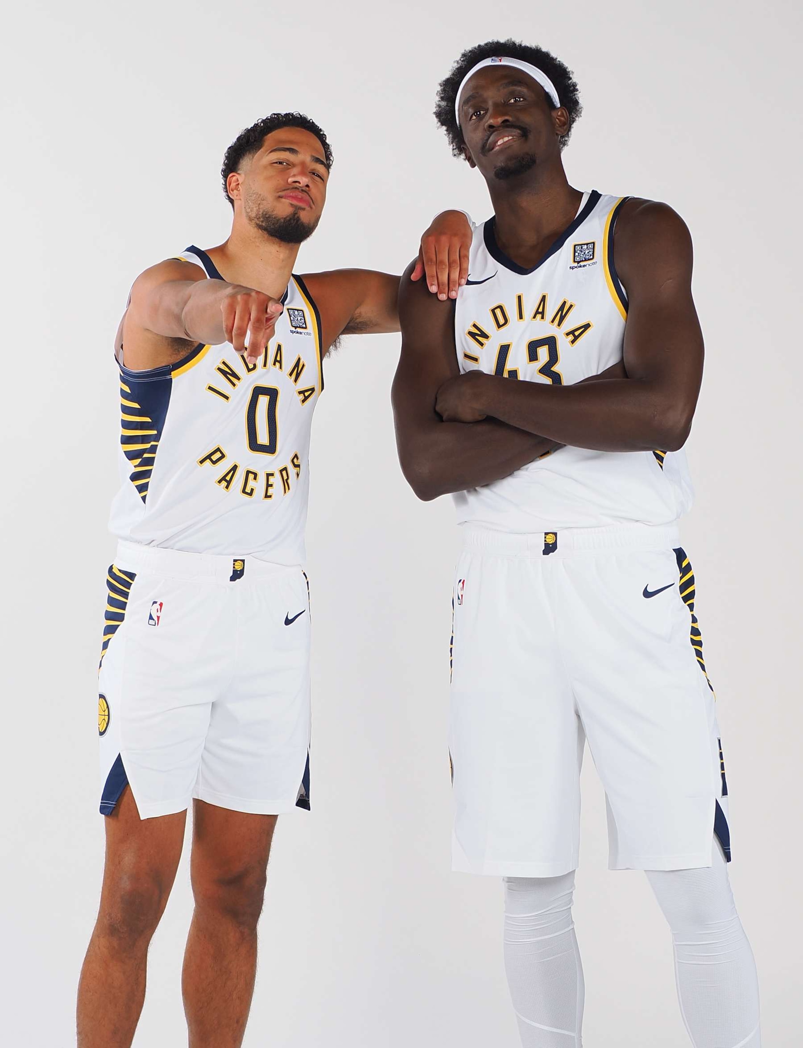 INDIANAPOLIS, IN - SEPTEMBER 30: Tyrese Haliburton #0 and Pascal Siakam #43 of the Indiana Pacers during the Pacers Media Day on September 30, 2024 at Gainbridge Fieldhouse in Indianapolis, Indiana. NOTE TO USER: User expressly acknowledges and agrees that, by downloading and or using this Photograph, user is consenting to the terms and conditions of the Getty Images License Agreement. Mandatory Copyright Notice: Copyright 2024 NBAE (Photo by Ron Hoskins/NBAE via Getty Images)
