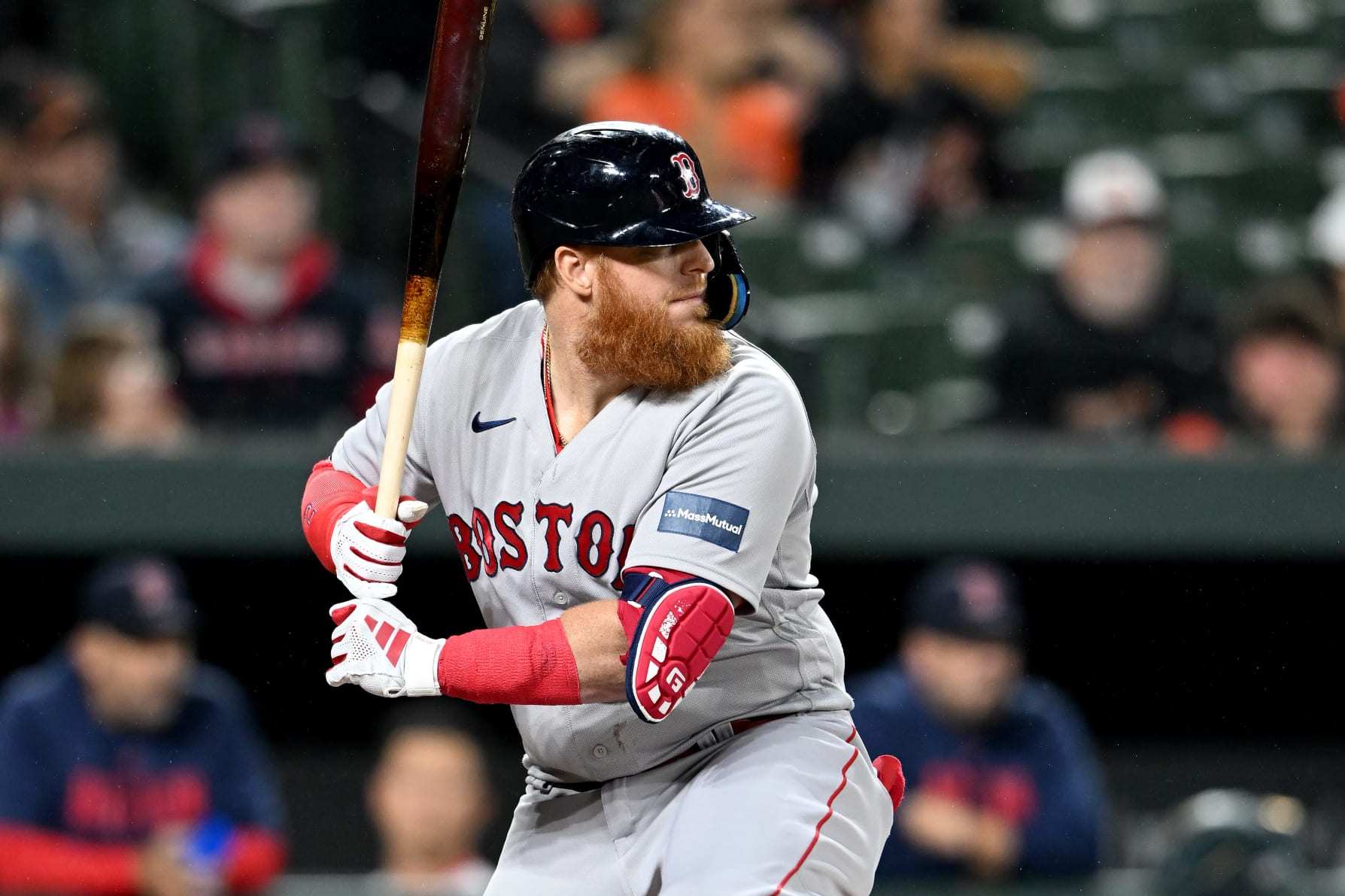 BALTIMORE, MARYLAND - SEPTEMBER 29: Justin Turner #2 of the Boston Red Sox bats against the Baltimore Orioles at Oriole Park at Camden Yards on September 29, 2023 in Baltimore, Maryland. (Photo by G Fiume/Getty Images)