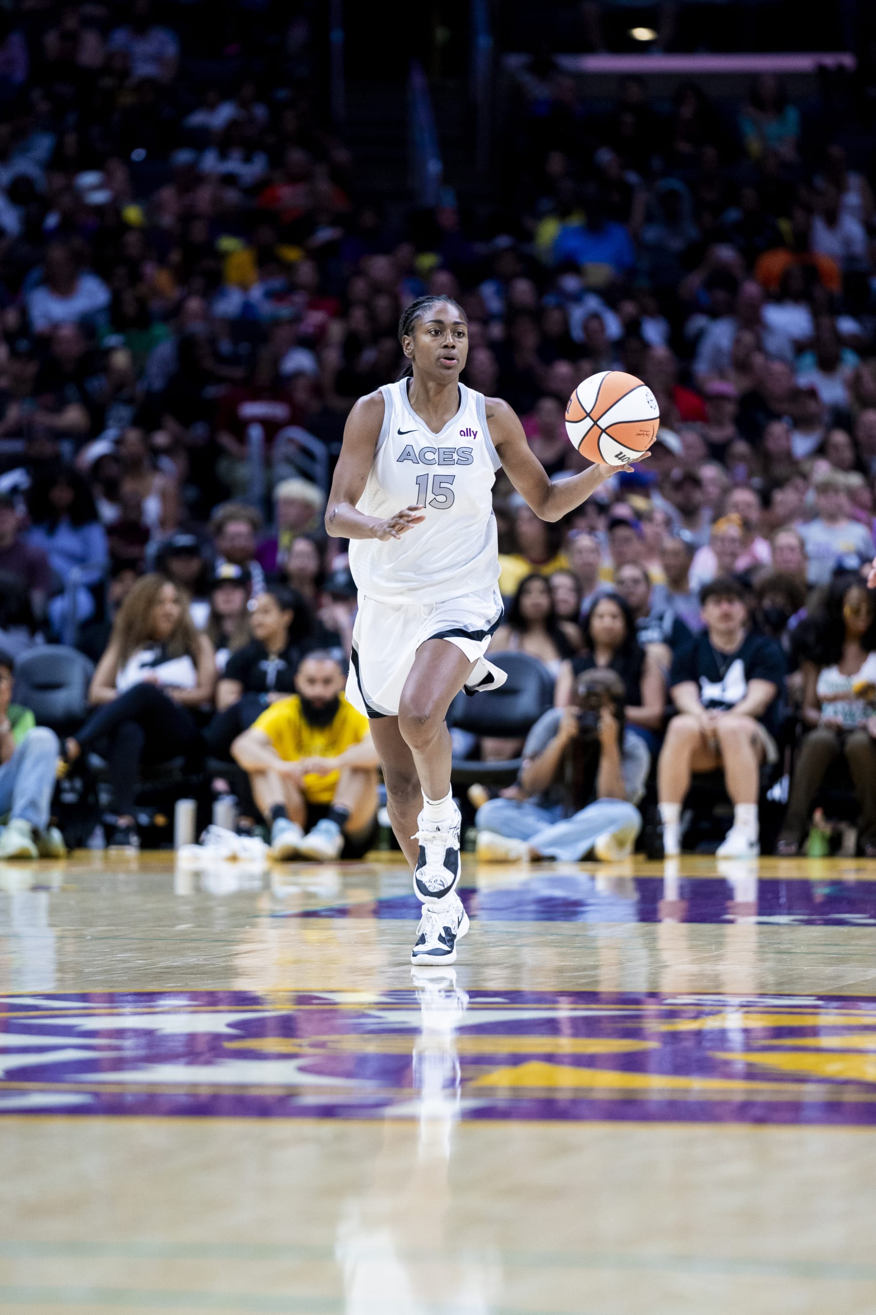 LOS ANGELES, CA - JULY 5: Tiffany Hayes #15 of the Las Vegas Aces handles the ball during the game  against the Los Angeles Sparks on July 5,2024 at Crypto.com Arena in Los Angeles, California. NOTE TO USER: User expressly acknowledges and agrees that, by downloading and/or using this Photograph, user is consenting to the terms and conditions of the Getty Images License Agreement. Mandatory Copyright Notice: Copyright 2024 NBAE (Photo by Tyler Ross/NBAE via Getty Images)