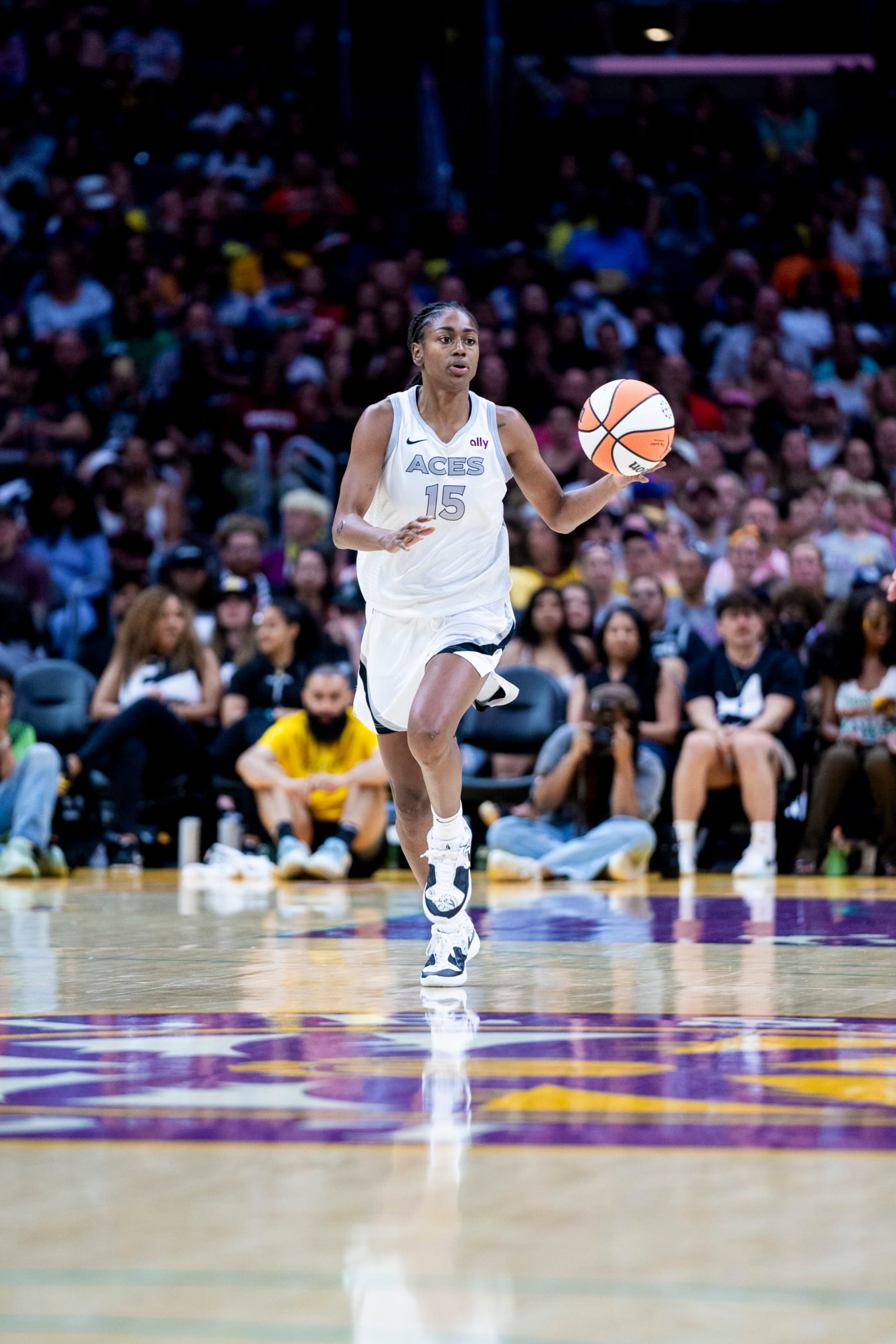 LOS ANGELES, CA - JULY 5: Tiffany Hayes #15 of the Las Vegas Aces handles the ball during the game  against the Los Angeles Sparks on July 5,2024 at Crypto.com Arena in Los Angeles, California. NOTE TO USER: User expressly acknowledges and agrees that, by downloading and/or using this Photograph, user is consenting to the terms and conditions of the Getty Images License Agreement. Mandatory Copyright Notice: Copyright 2024 NBAE (Photo by Tyler Ross/NBAE via Getty Images)