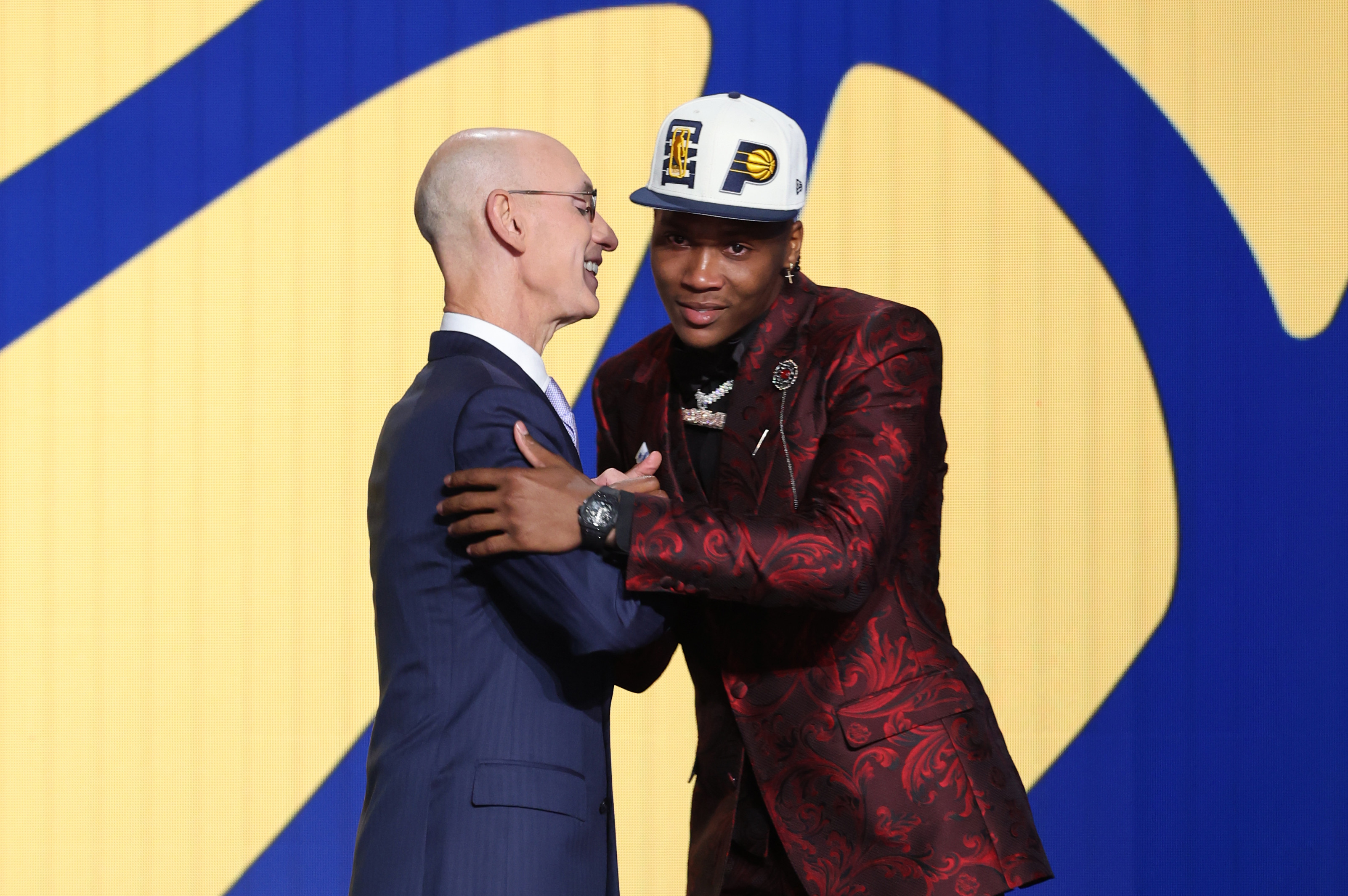 BROOKLYN, NY - JUNE 23: Bennedict Mathurin shakes hands with NBA Commissioner, Adam Silver after being selected number six overall by the Indiana Pacers during the 2022 NBA Draft on June 23, 2022 at Barclays Center in Brooklyn, New York. NOTE TO USER: User expressly acknowledges and agrees that, by downloading and or using this photograph, User is consenting to the terms and conditions of the Getty Images License Agreement. Mandatory Copyright Notice: Copyright 2022 NBAE (Photo by Jeff Haynes/NBAE via Getty Images) BROOKLYN, NY - JUNE 23: Bennedict Mathurin shakes hands with NBA Commissioner, Adam Silver after being selected number six overall by the Indiana Pacers during the 2022 NBA Draft on June 23, 2022 at Barclays Center in Brooklyn, New York. NOTE TO USER: User expressly acknowledges and agrees that, by downloading and or using this photograph, User is consenting to the terms and conditions of the Getty Images License Agreement. Mandatory Copyright Notice: Copyright 2022 NBAE (Photo by Jeff Haynes/NBAE via Getty Images)