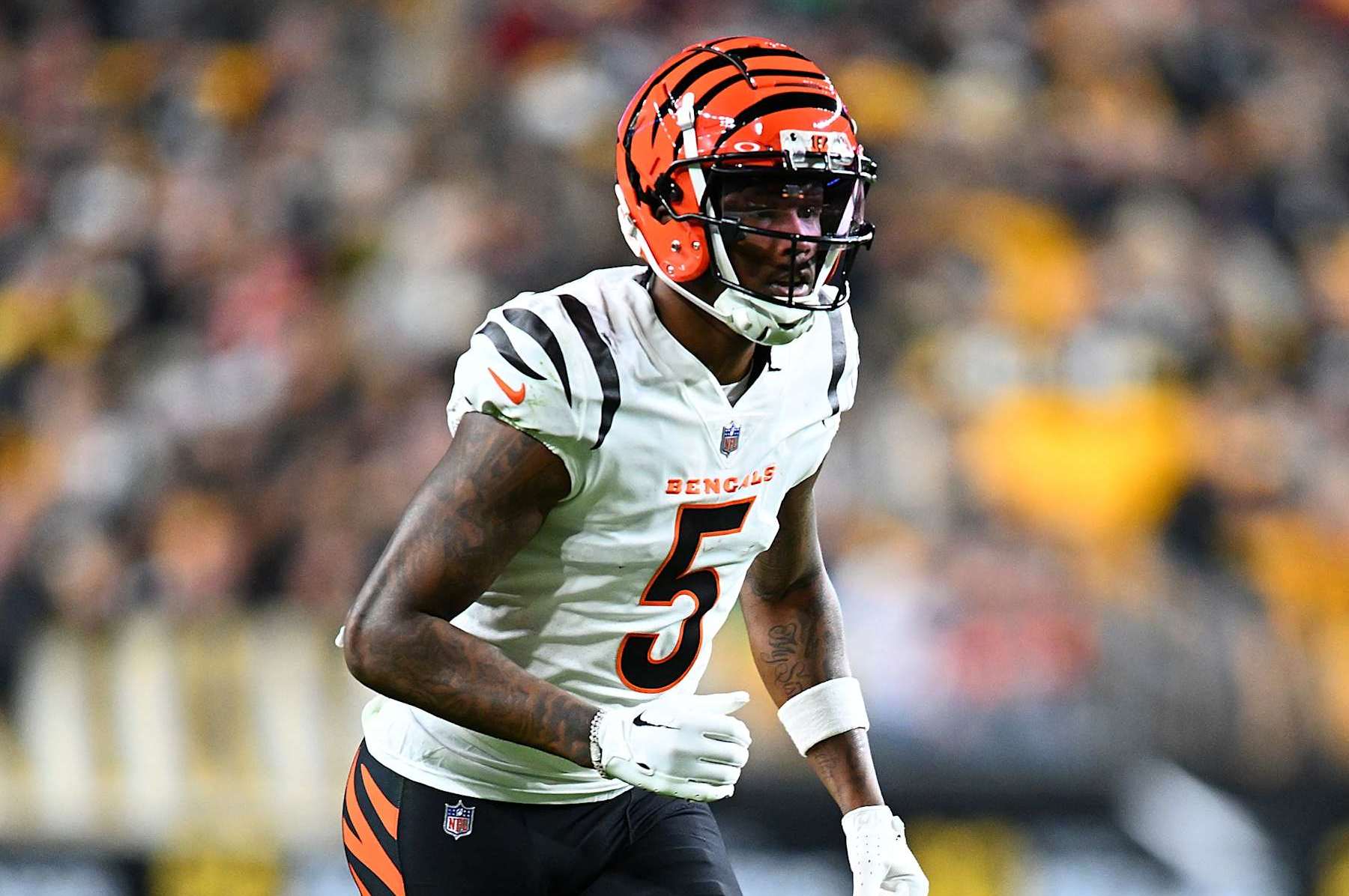 PITTSBURGH, PENNSYLVANIA - DECEMBER 23: Tee Higgins #5 of the Cincinnati Bengals in action during the game against the Pittsburgh Steelers at Acrisure Stadium on December 23, 2023 in Pittsburgh, Pennsylvania. (Photo by Joe Sargent/Getty Images)