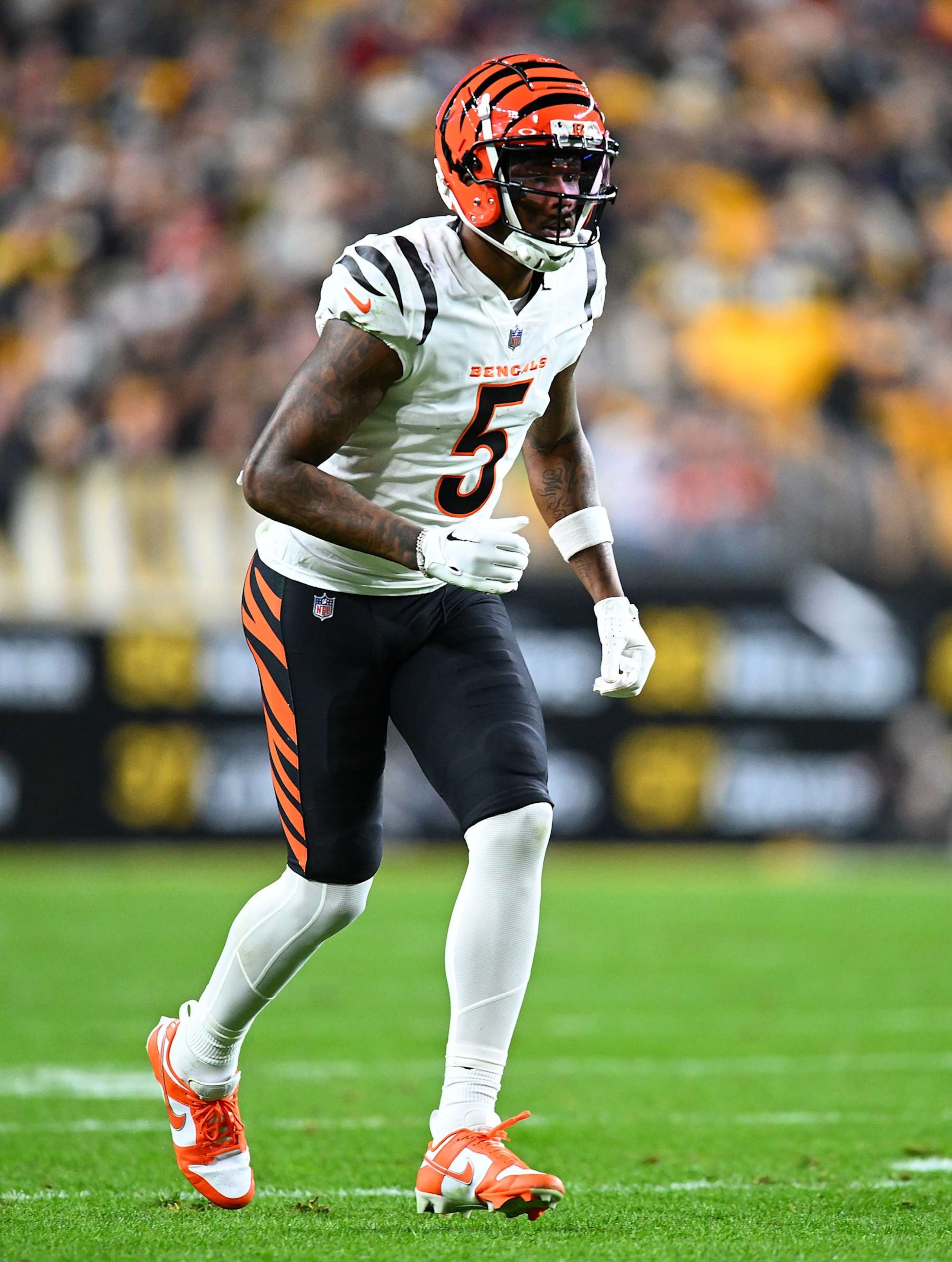 PITTSBURGH, PENNSYLVANIA - DECEMBER 23:  Tee Higgins #5 of the Cincinnati Bengals in action during the game against the  Pittsburgh Steelers at Acrisure Stadium on December 23, 2023 in Pittsburgh, Pennsylvania. (Photo by Joe Sargent/Getty Images)