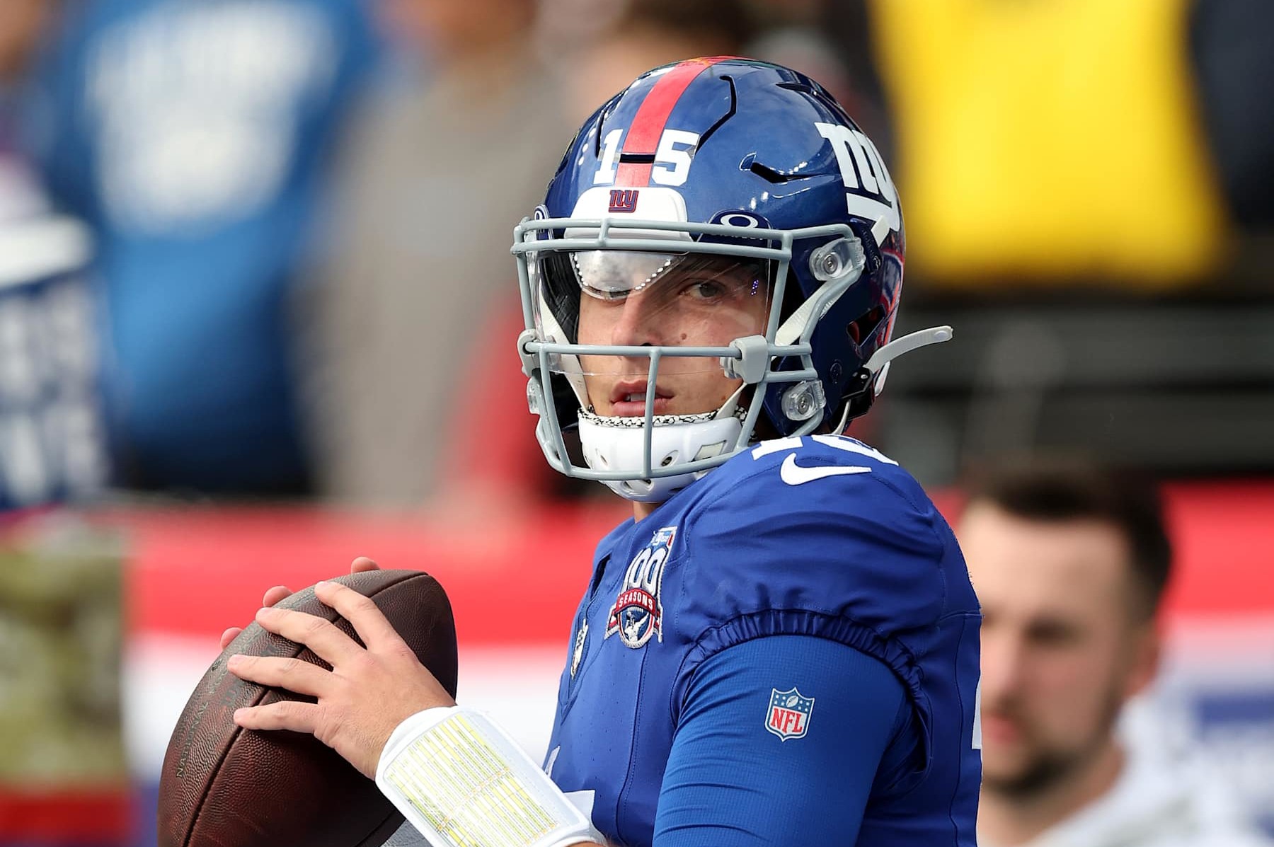 EAST RUTHERFORD, NEW JERSEY - NOVEMBER 24: Tommy DeVito #15 of the New York Giants warms up before the game against the Tampa Bay Buccaneers at MetLife Stadium on November 24, 2024 in East Rutherford, New Jersey. (Photo by Elsa/Getty Images)