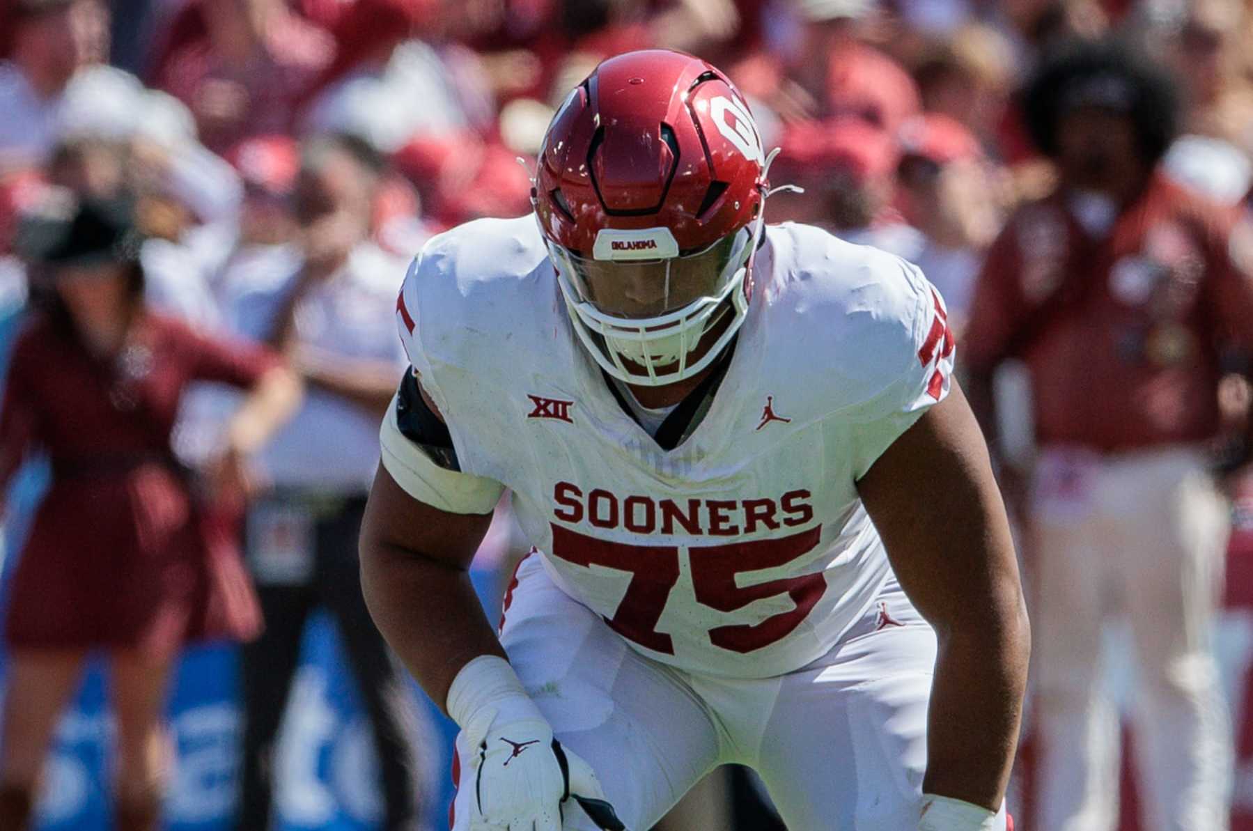 DALLAS, TX - OCTOBER 07: Oklahoma Sooners offensive lineman Walter Rouse (75) gets ready for the play against the Texas Longhorns on October 7th, 2023 at Cotton Bowl Stadium in Dallas Texas. (Photo by William Purnell/Icon Sportswire via Getty Images)