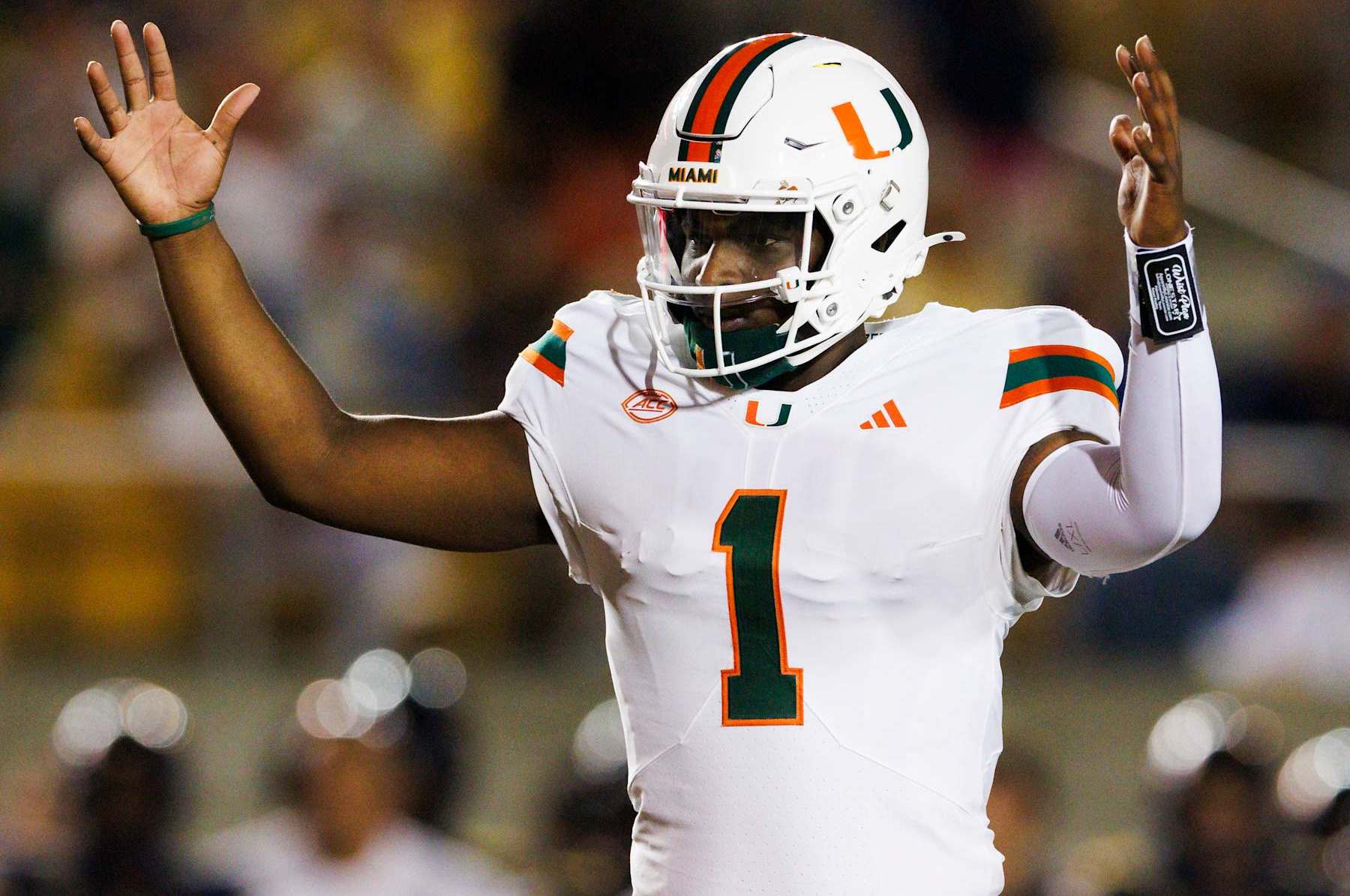 BERKELEY, CALIFORNIA - OCTOBER 5: Cam Ward #1 of the Miami Hurricanes celebrates during the first half against California Golden Bears at California Memorial Stadium on October 5, 2024 in Berkeley, California. (Photo by Ric Tapia/Getty Images)