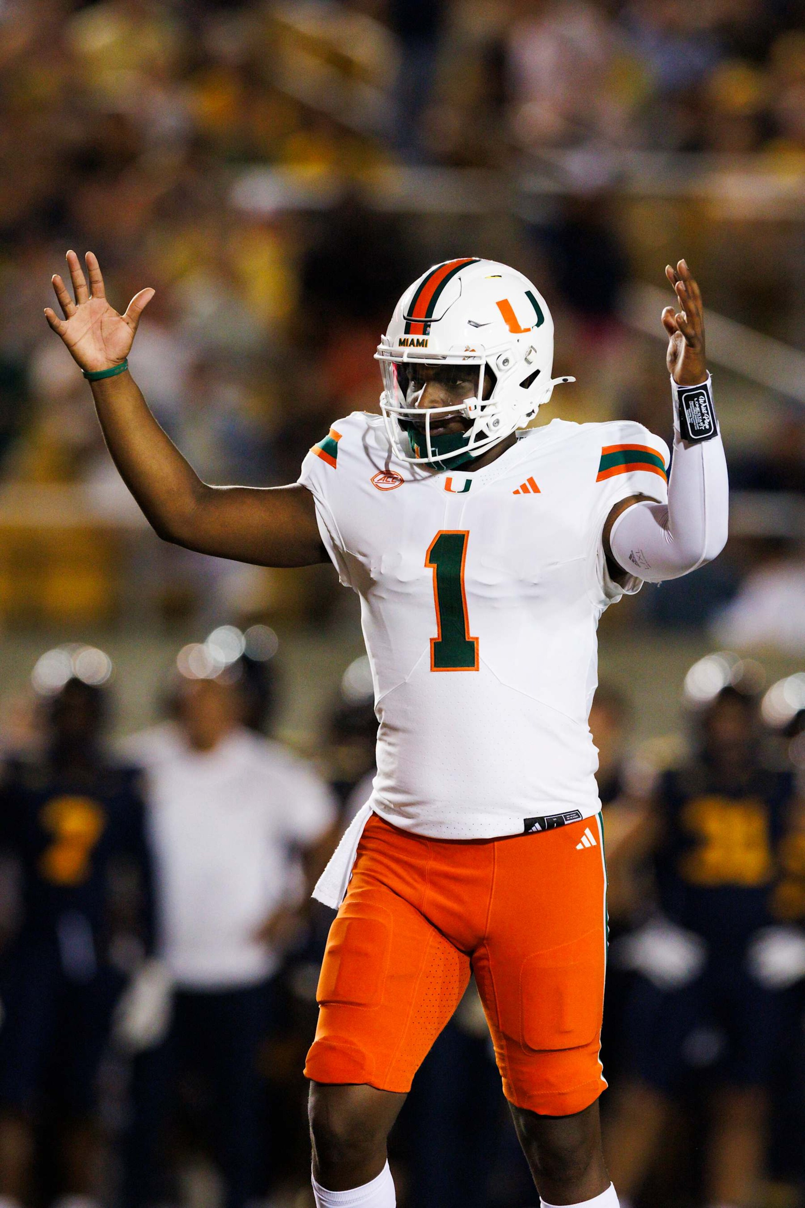 BERKELEY, CALIFORNIA - OCTOBER 5: Cam Ward #1 of the Miami Hurricanes celebrates during the first half against California Golden Bears at California Memorial Stadium on October 5, 2024 in Berkeley, California. (Photo by Ric Tapia/Getty Images) BERKELEY, CALIFORNIA - OCTOBER 5: Cam Ward #1 of the Miami Hurricanes celebrates during the first half against California Golden Bears at California Memorial Stadium on October 5, 2024 in Berkeley, California. (Photo by Ric Tapia/Getty Images)