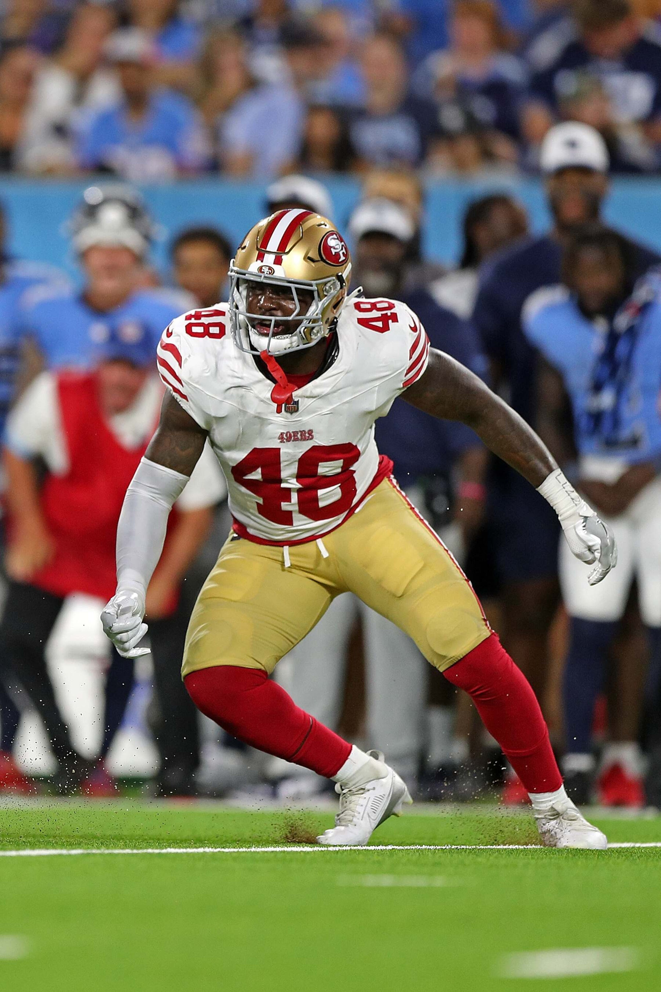 NASHVILLE, TENNESSEE - AUGUST 10: Tatum Bethune #48 of the San Francisco 49ers during the game against the Tennessee Titans at Nissan Stadium on August 10, 2024 in Nashville, Tennessee. (Photo by Justin Ford/Getty Images) NASHVILLE, TENNESSEE - AUGUST 10: Tatum Bethune #48 of the San Francisco 49ers during the game against the Tennessee Titans at Nissan Stadium on August 10, 2024 in Nashville, Tennessee. (Photo by Justin Ford/Getty Images)