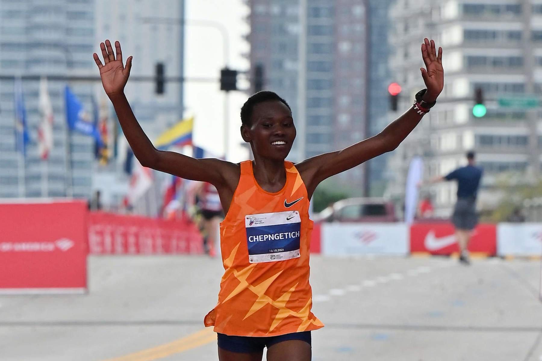 CHICAGO, ILLINOIS - OCTOBER 10:  Ruth Chepngetich of Kenya wins the 2021 Chicago Marathon with a time of 2:22:31on October 10, 2021 in Chicago, Illinois.  (Photo by Jamie Sabau/Getty Images)