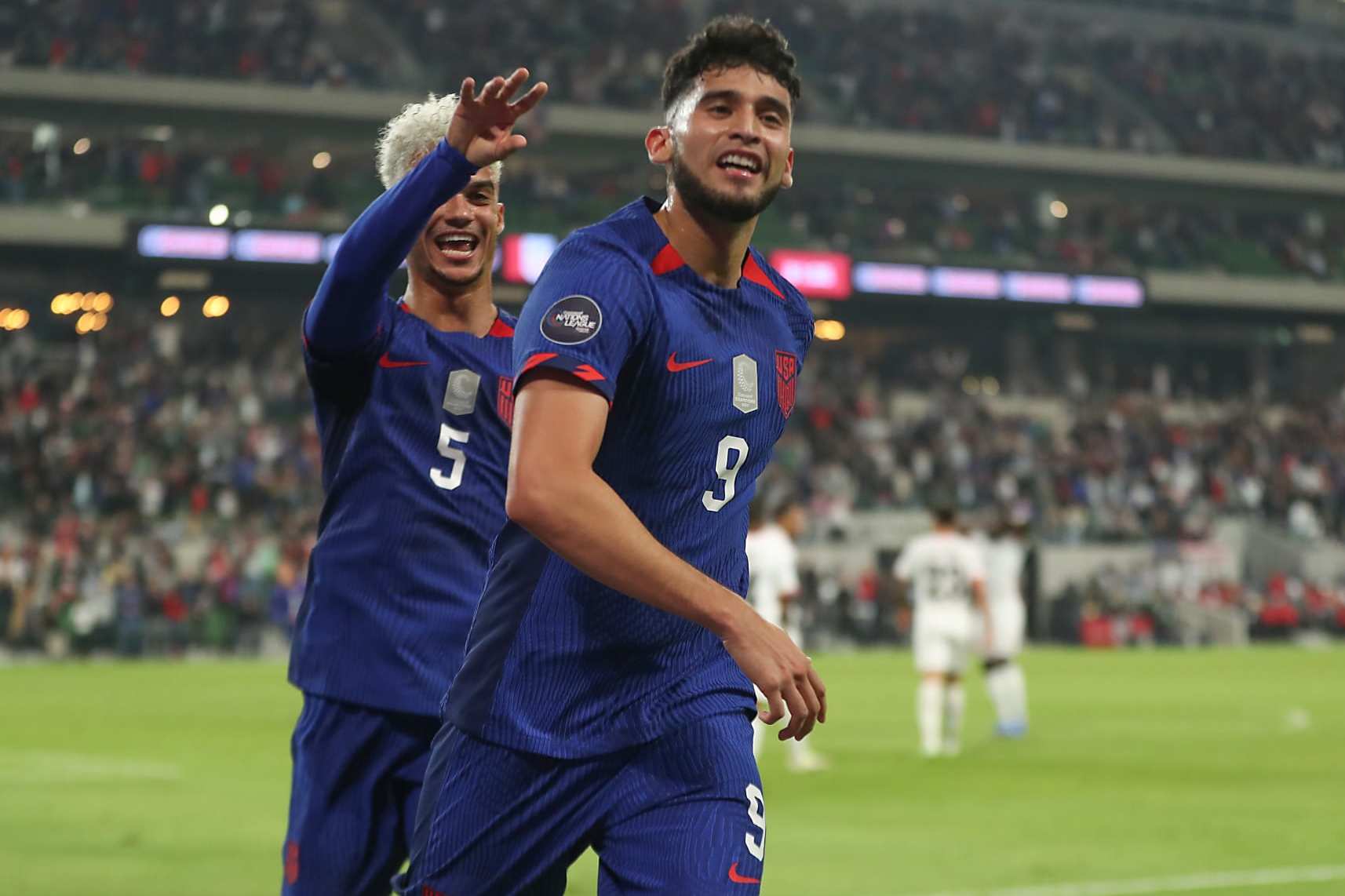 AUSTIN, TEXAS - NOVEMBER 16: Ricardo Pepi #9 of United States celebrates after scoring his team's first goal during the CONCACAF Nations League Quarterfinal - Leg One between Trinidad & Tobago and United States at Q2 Stadium on November 16, 2023 in Austin, Texas. (Photo by Omar Vega/Getty Images)