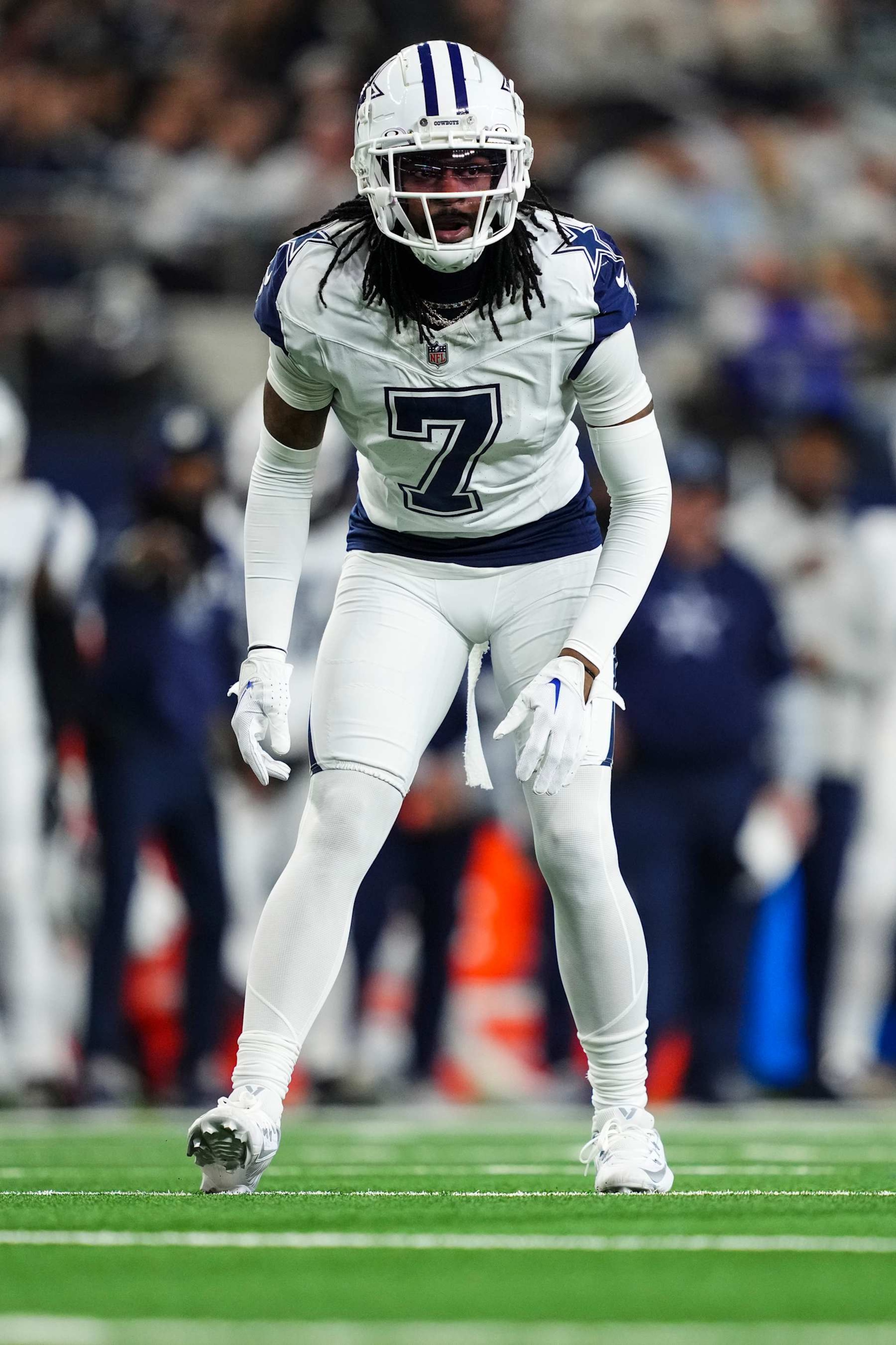 ARLINGTON, TX - DECEMBER 09: Trevon Diggs #7 of the Dallas Cowboys lines up before the snap during an NFL football game against the Cincinnati Bengals at AT&T Stadium on December 9, 2024 in Arlington, Texas. (Photo by Cooper Neill/Getty Images)