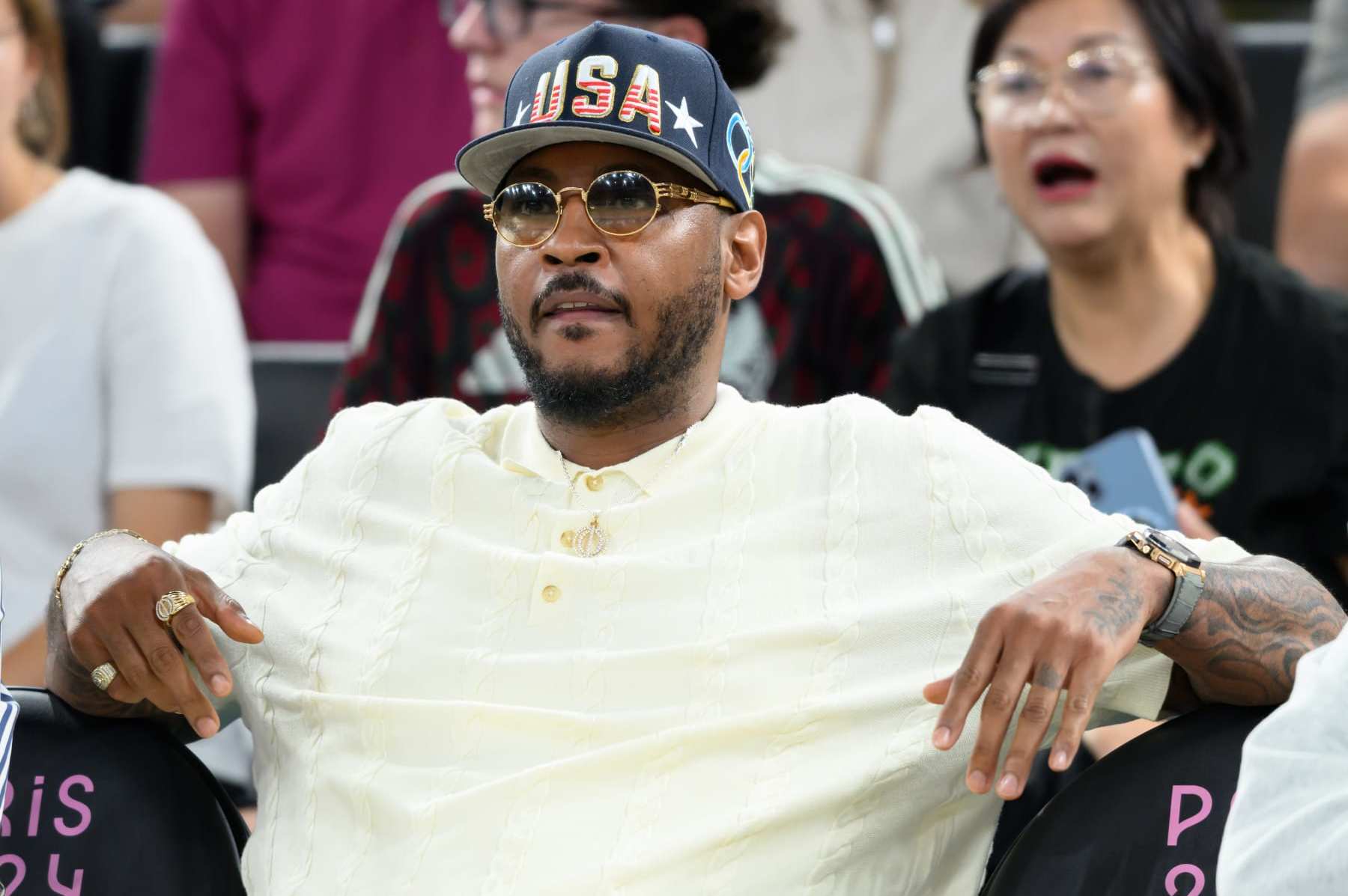 PARIS, FRANCE - AUGUST 09: Carmelo Anthony attends the women's basketball semi-final match between Team USA and Team Australia on day fourteen of the Olympic Games Paris 2024 at Bercy Arena on August 09, 2024 in Paris, France. (Photo by Karwai Tang/Getty Images)