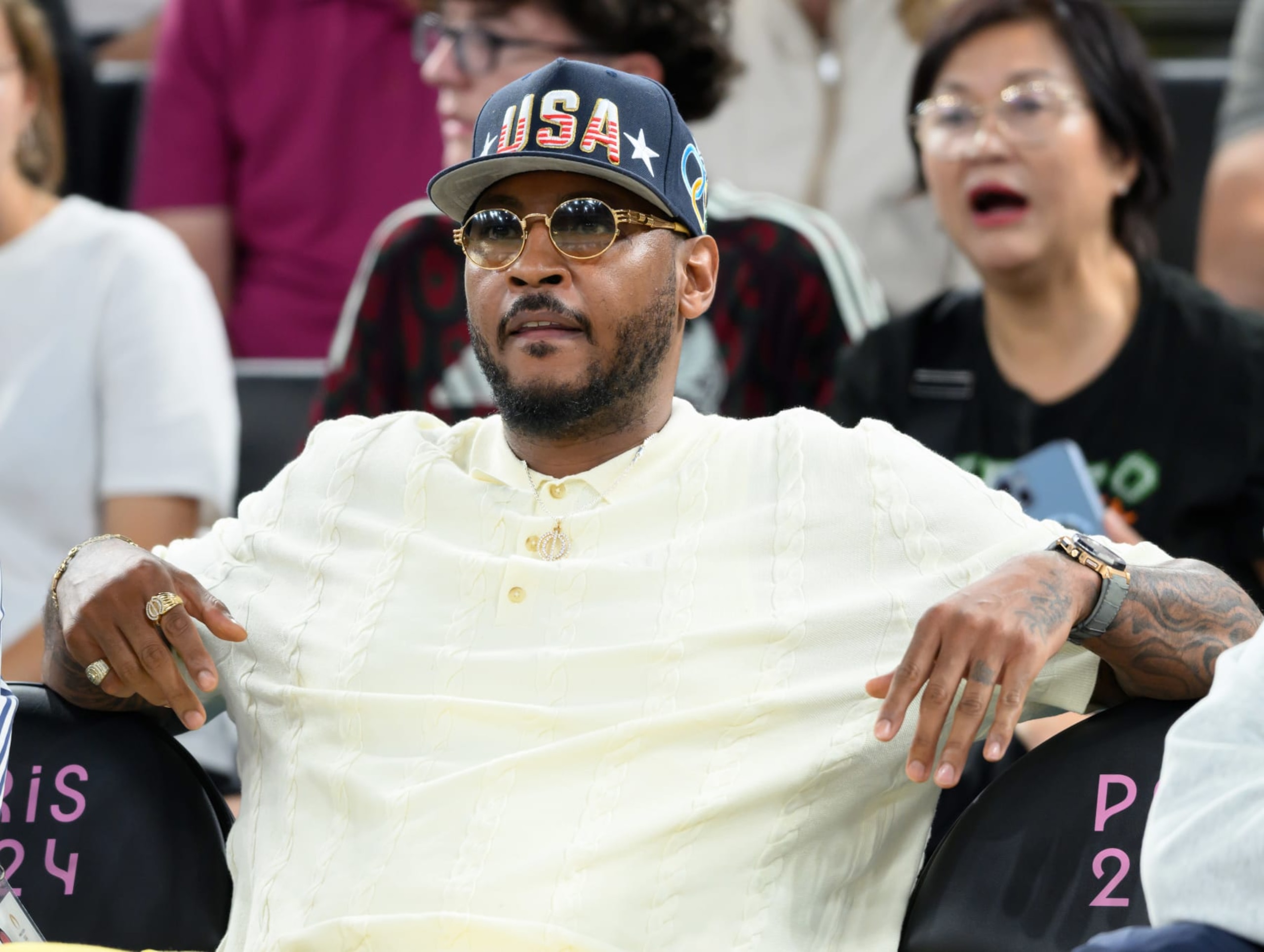PARIS, FRANCE - AUGUST 09: Carmelo Anthony attends the women's basketball semi-final match between Team USA and Team Australia on day fourteen of the Olympic Games Paris 2024 at Bercy Arena on August 09, 2024 in Paris, France. (Photo by Karwai Tang/Getty Images)
