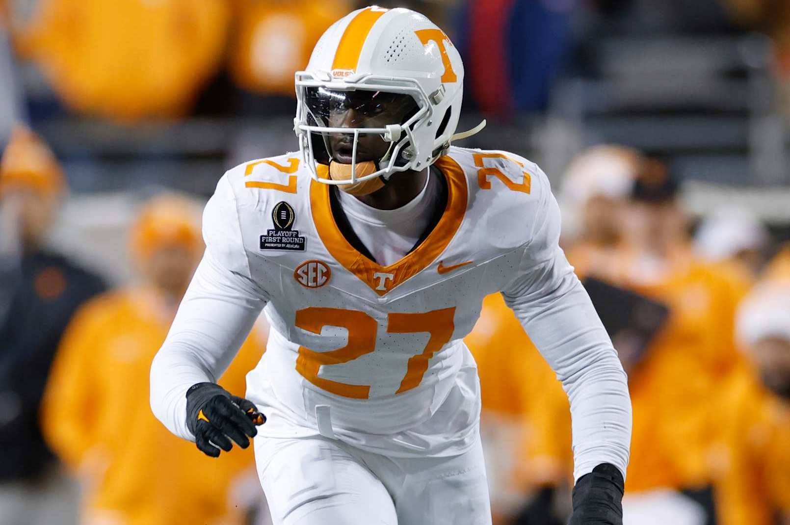 COLUMBUS, OH - DECEMBER 21: Tennessee Volunteers defensive lineman James Pearce Jr. (27) rushes on defense during the CFP First Round game against the Ohio State Buckeyes on December 21, 2024 at Ohio Stadium in Columbus, Ohio. (Photo by Joe Robbins/Icon Sportswire via Getty Images)