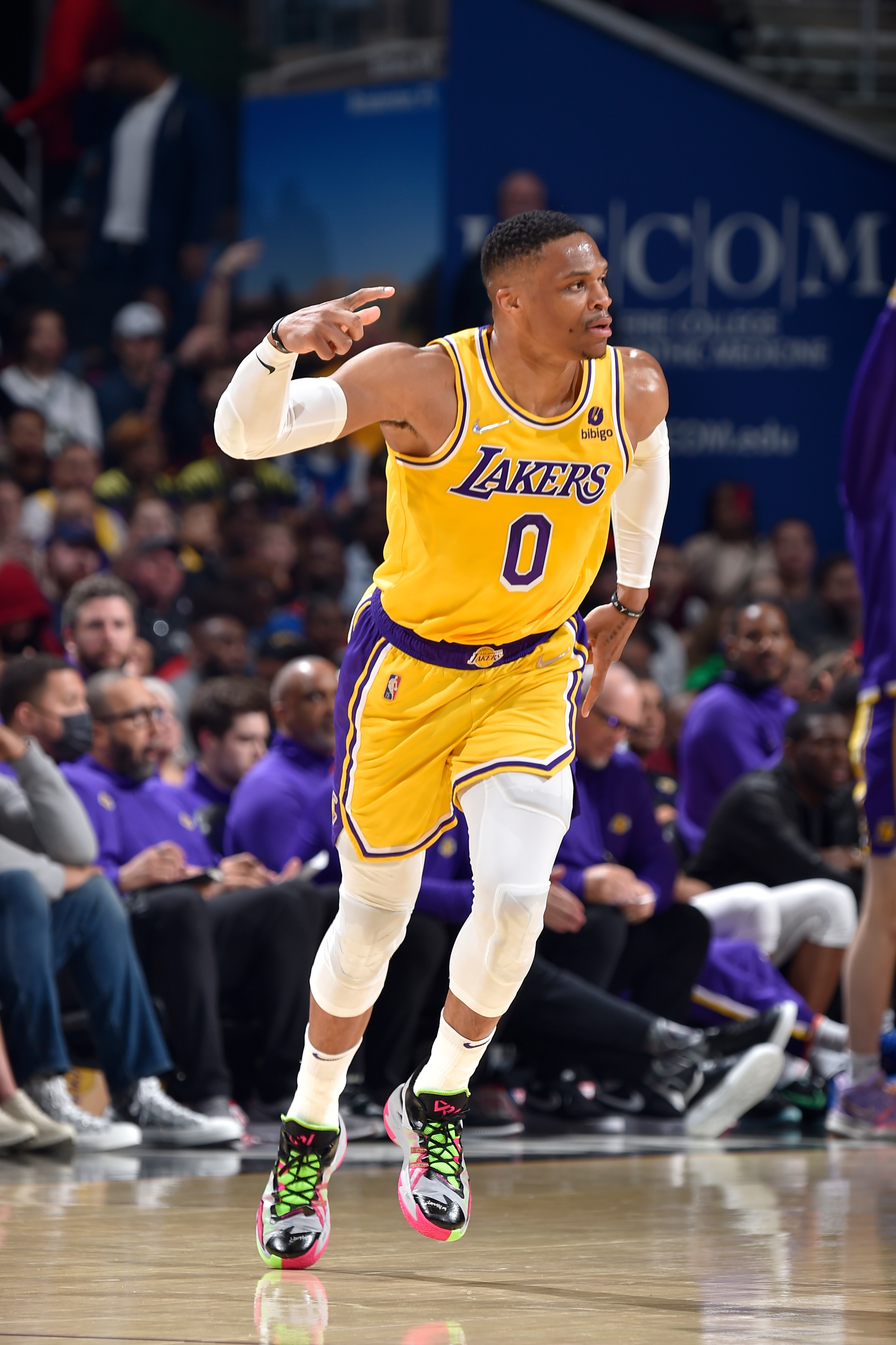 CLEVELAND, OH - MARCH 21: Russell Westbrook #0 of the Los Angeles Lakers looks on during the game against the Cleveland Cavaliers on March 21, 2022 at Rocket Mortgage FieldHouse in Cleveland, Ohio. NOTE TO USER: User expressly acknowledges and agrees that, by downloading and/or using this Photograph, user is consenting to the terms and conditions of the Getty Images License Agreement. Mandatory Copyright Notice: Copyright 2022 NBAE (Photo by David Liam Kyle/NBAE via Getty Images)